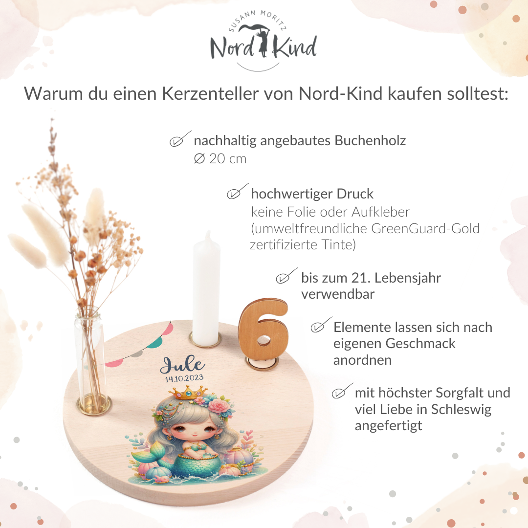 personalisierter Kerzenteller mit Kerze, Vase und Zahlen (Meerjungfrau 4)
