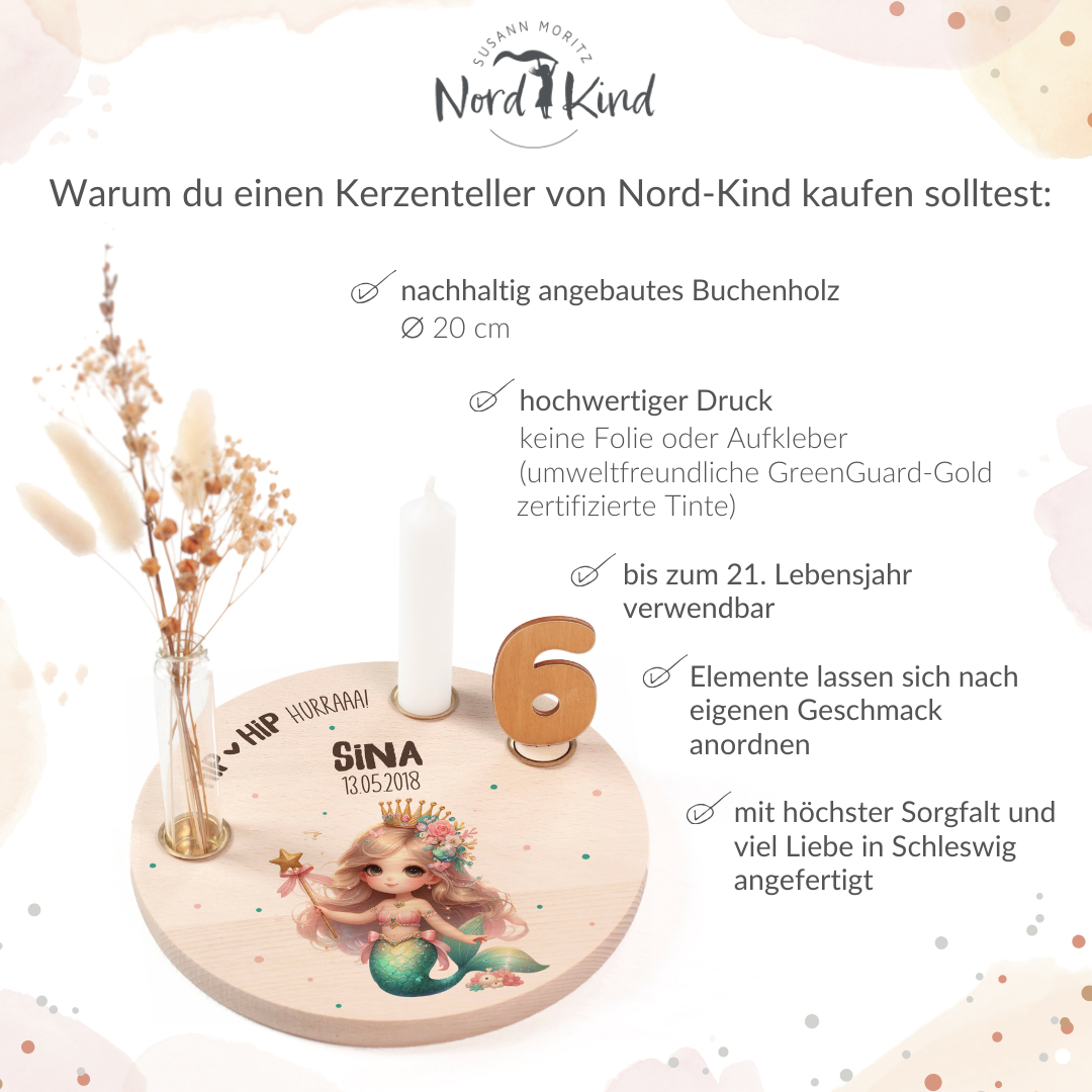 personalisierter Kerzenteller mit Kerze, Vase und Zahlen (Meerjungfrau 5)