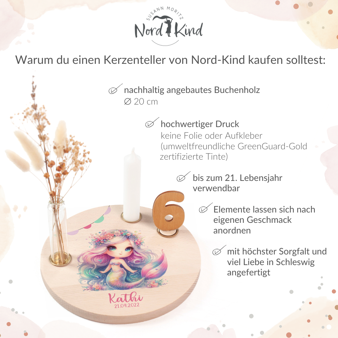 personalisierter Kerzenteller mit Kerze, Vase und Zahlen (Meerjungfrau 6)