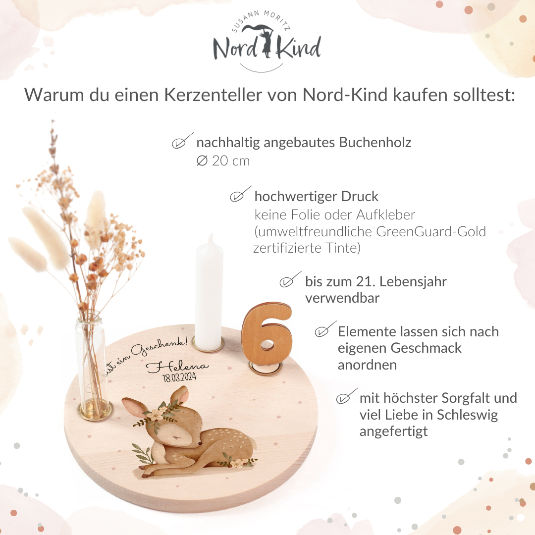 personalisierter Kerzenteller mit Kerze, Vase und Zahlen (Reh 2)