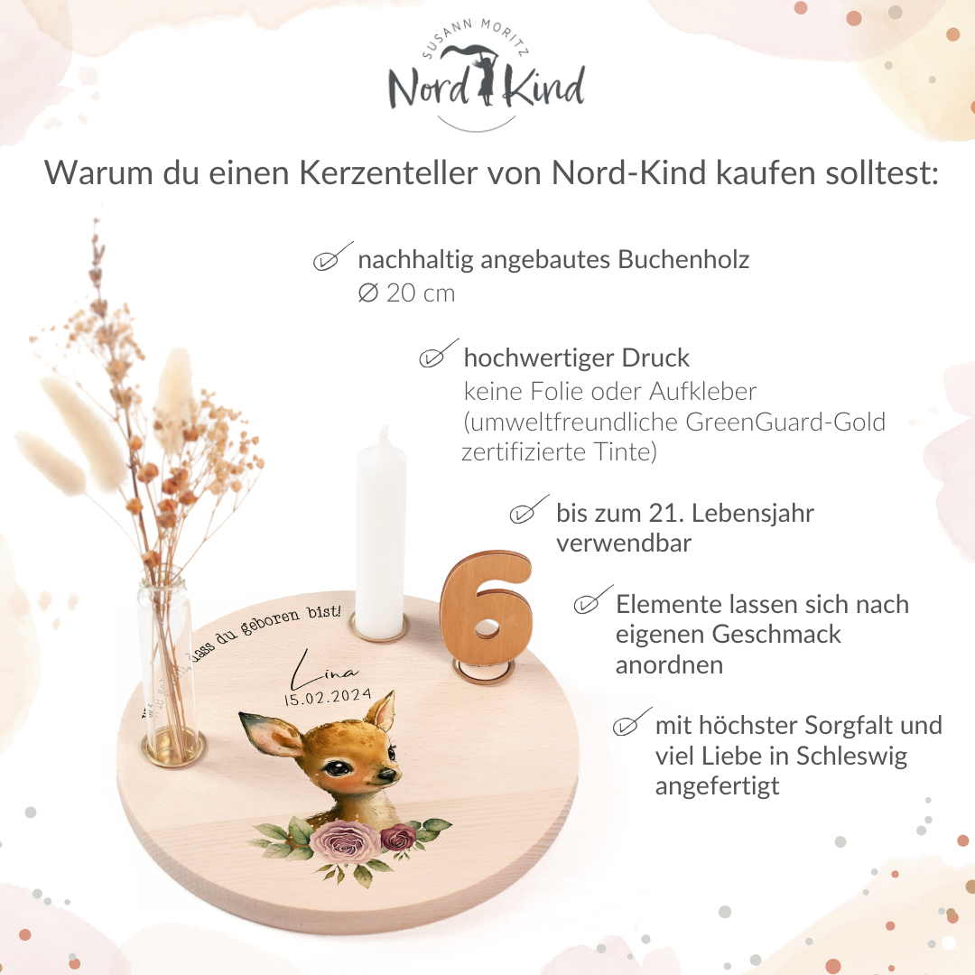 personalisierter Kerzenteller mit Kerze, Vase und Zahlen (Reh 3)