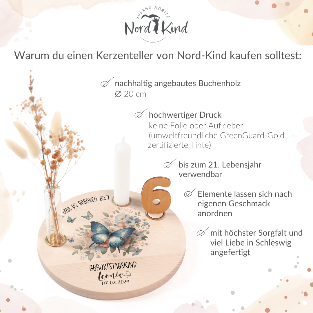 personalisierter Kerzenteller mit Kerze, Vase und Zahlen (Schmetterling 1)