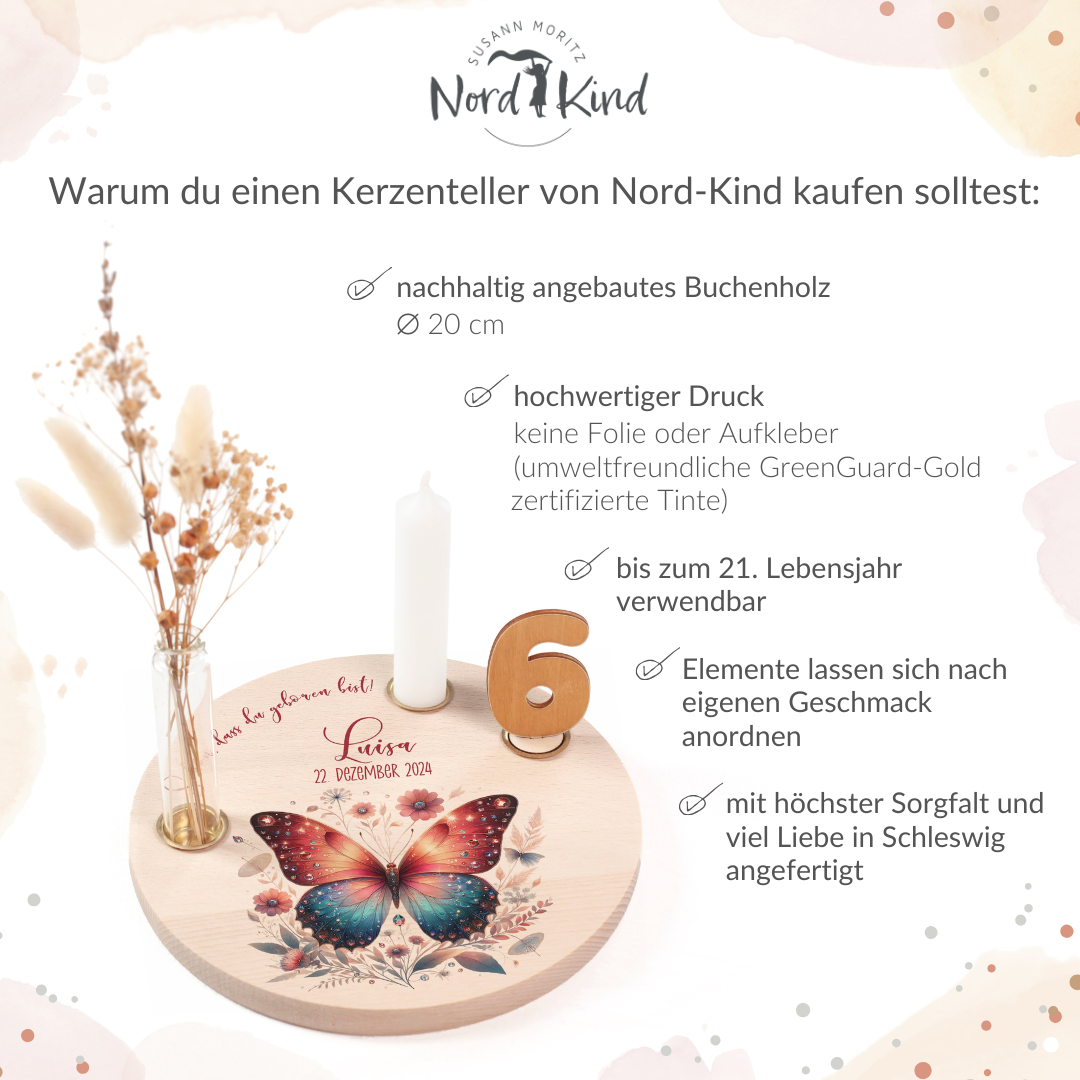 personalisierter Kerzenteller mit Kerze, Vase und Zahlen (Schmetterling 2)