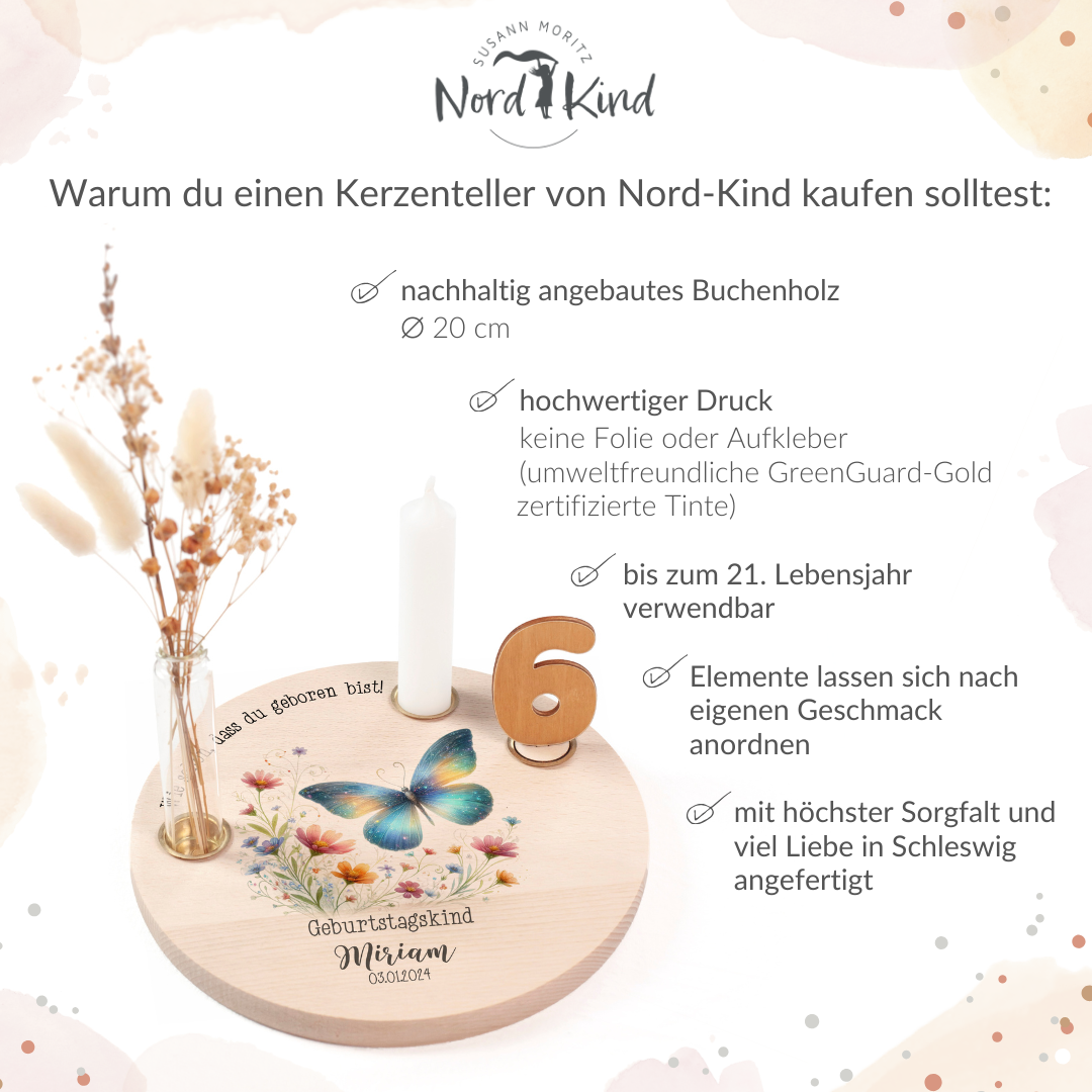 personalisierter Kerzenteller mit Kerze, Vase und Zahlen (Schmetterling 4)