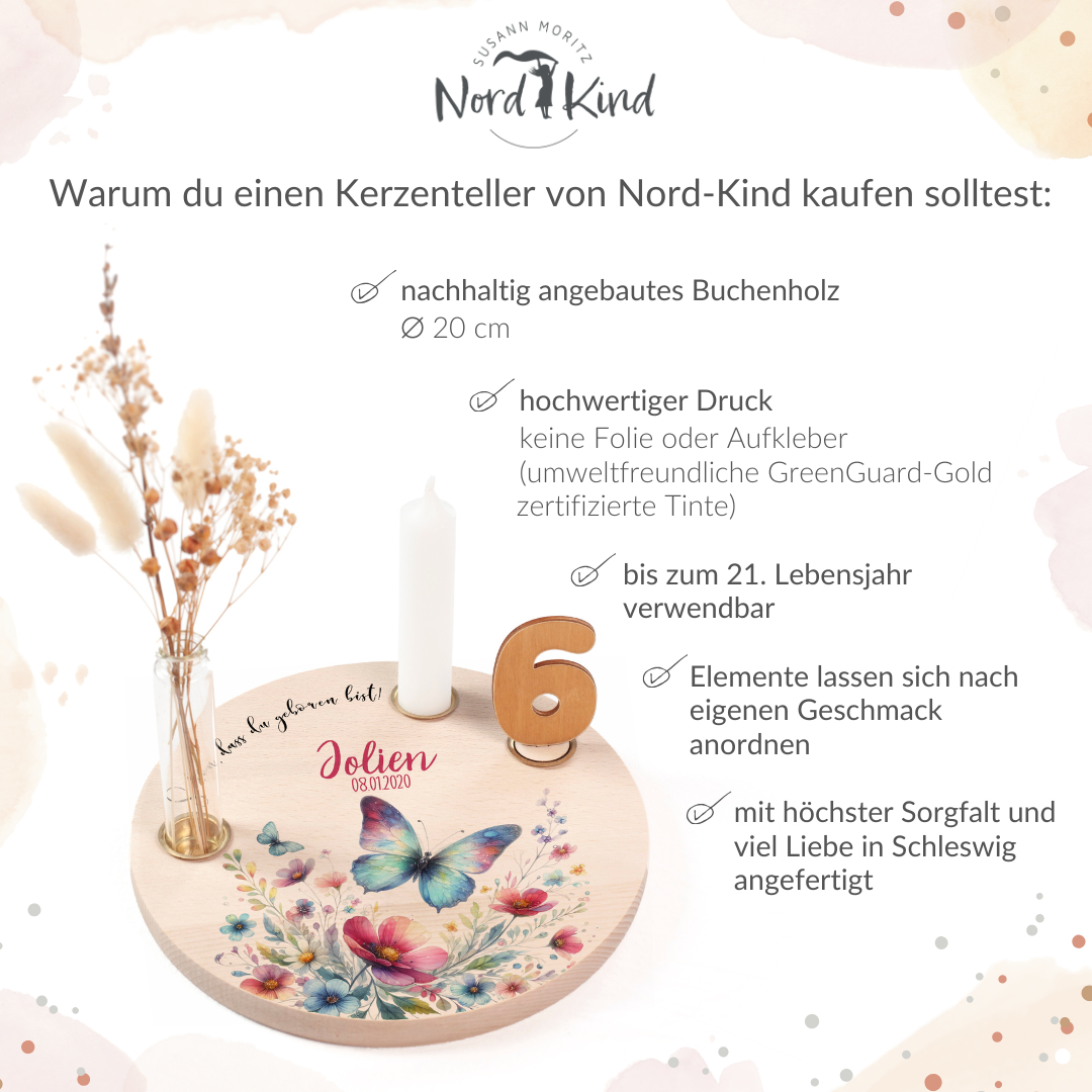 personalisierter Kerzenteller mit Kerze, Vase und Zahlen (Schmetterling 5)