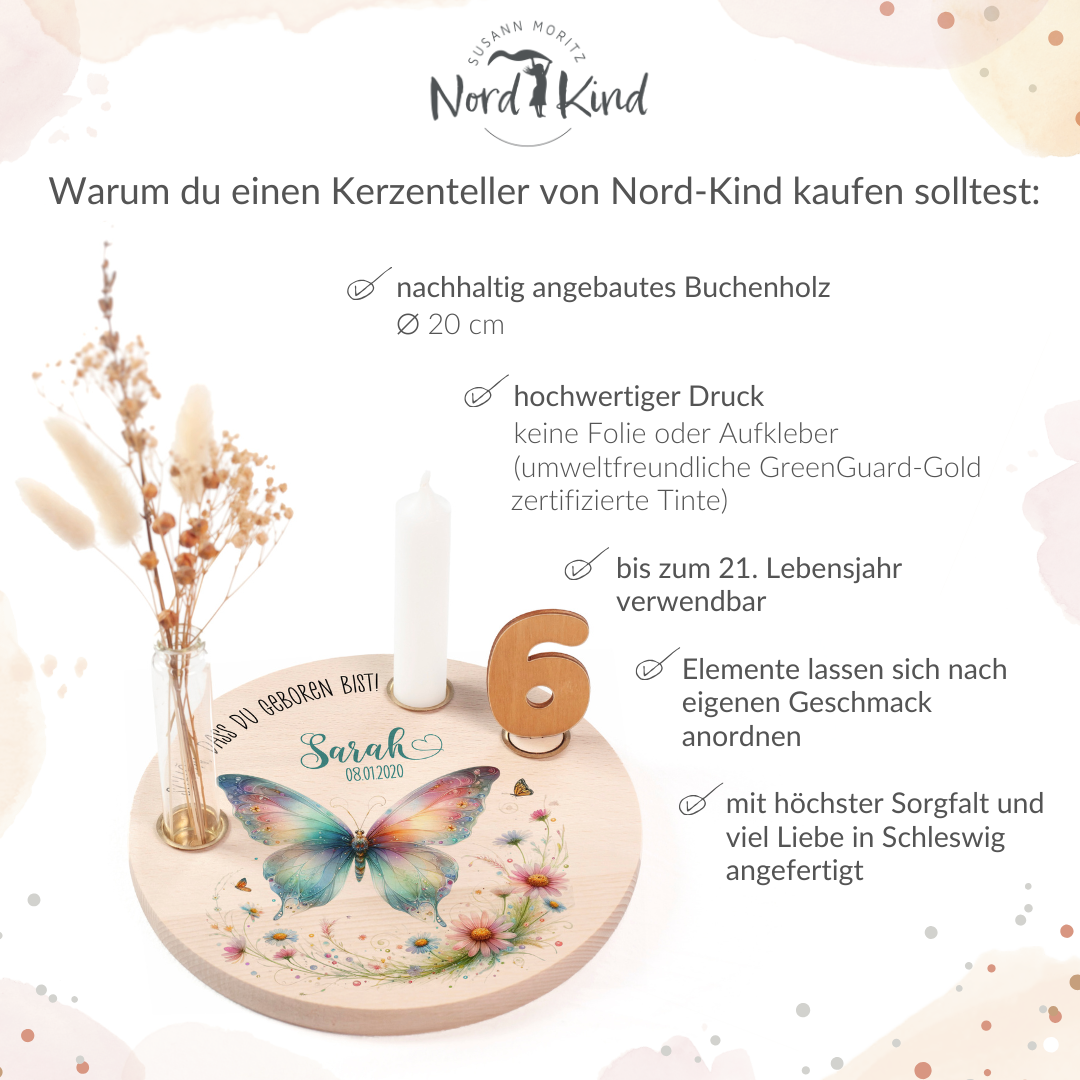 personalisierter Kerzenteller mit Kerze, Vase und Zahlen (Schmetterling 6)
