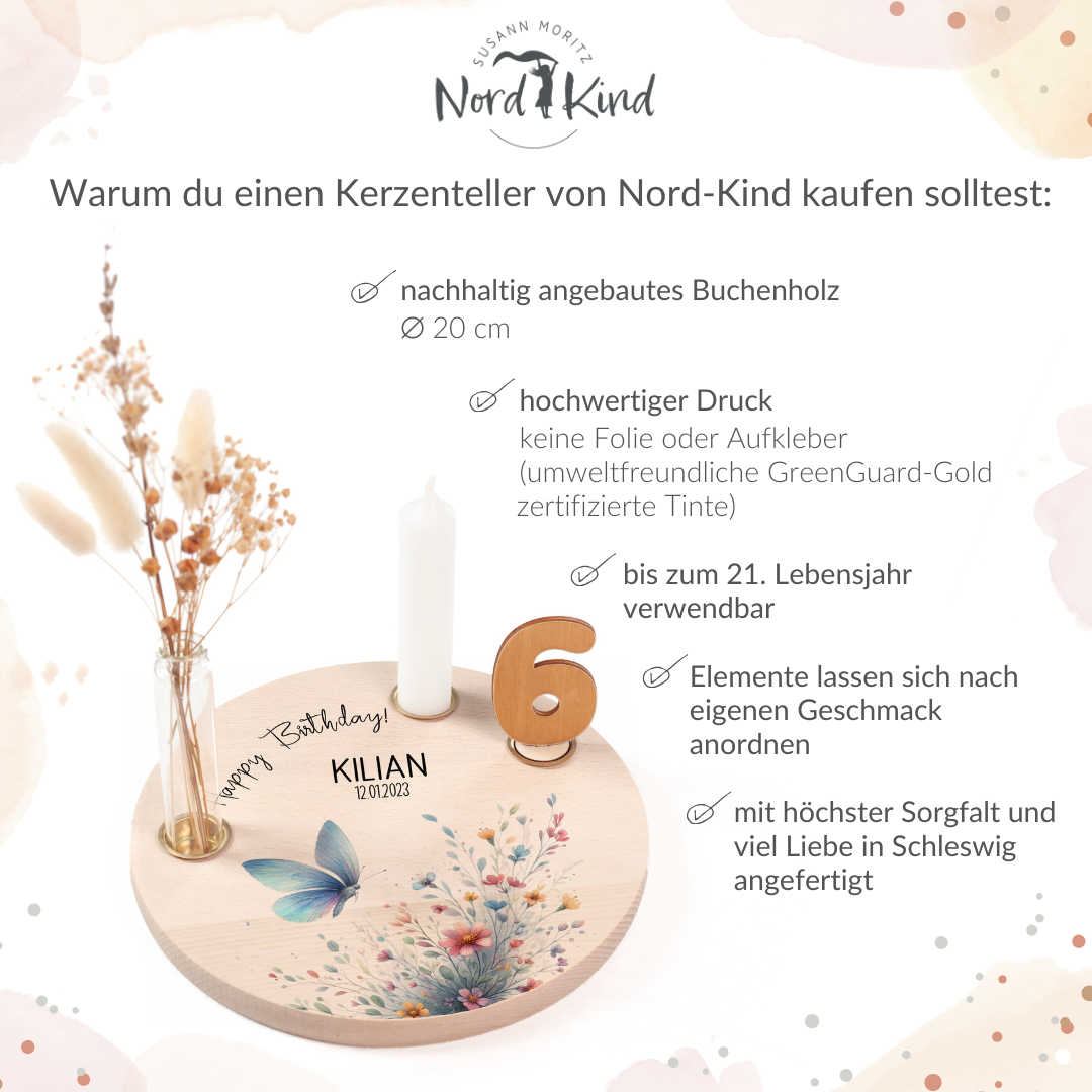 personalisierter Kerzenteller mit Kerze, Vase und Zahlen (Schmetterling 7)