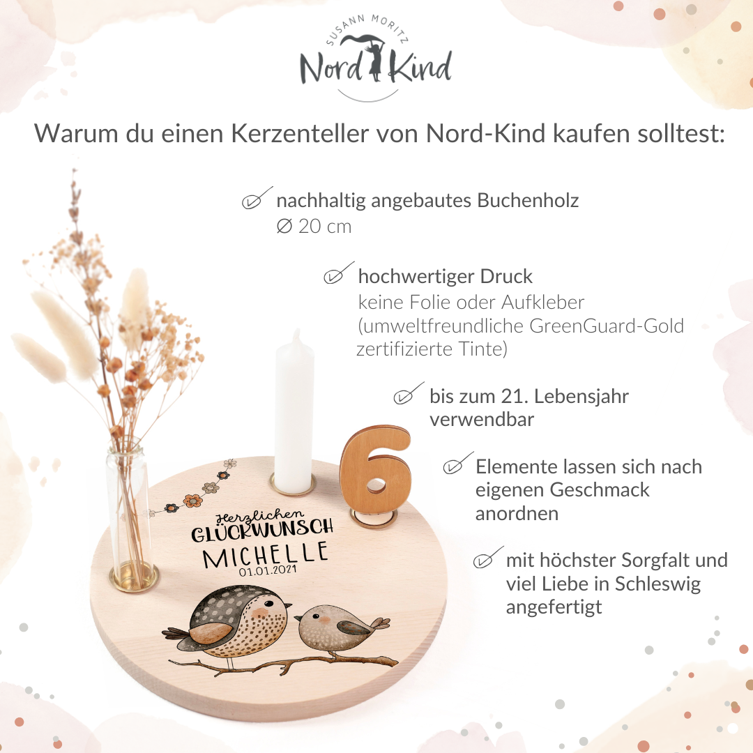personalisierter Kerzenteller mit Kerze, Vase und Zahlen (Spatzen)