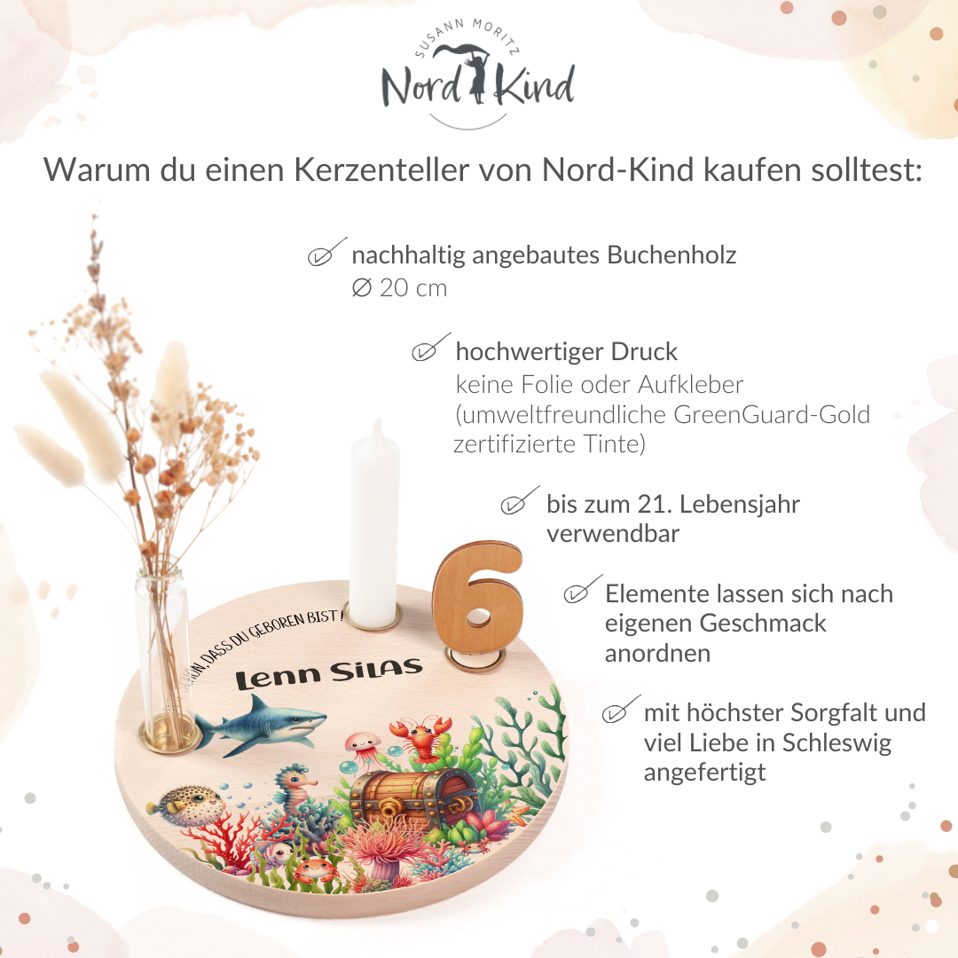 personalisierter Kerzenteller mit Kerze, Vase und Zahlen (Unterwasserwelt 1)