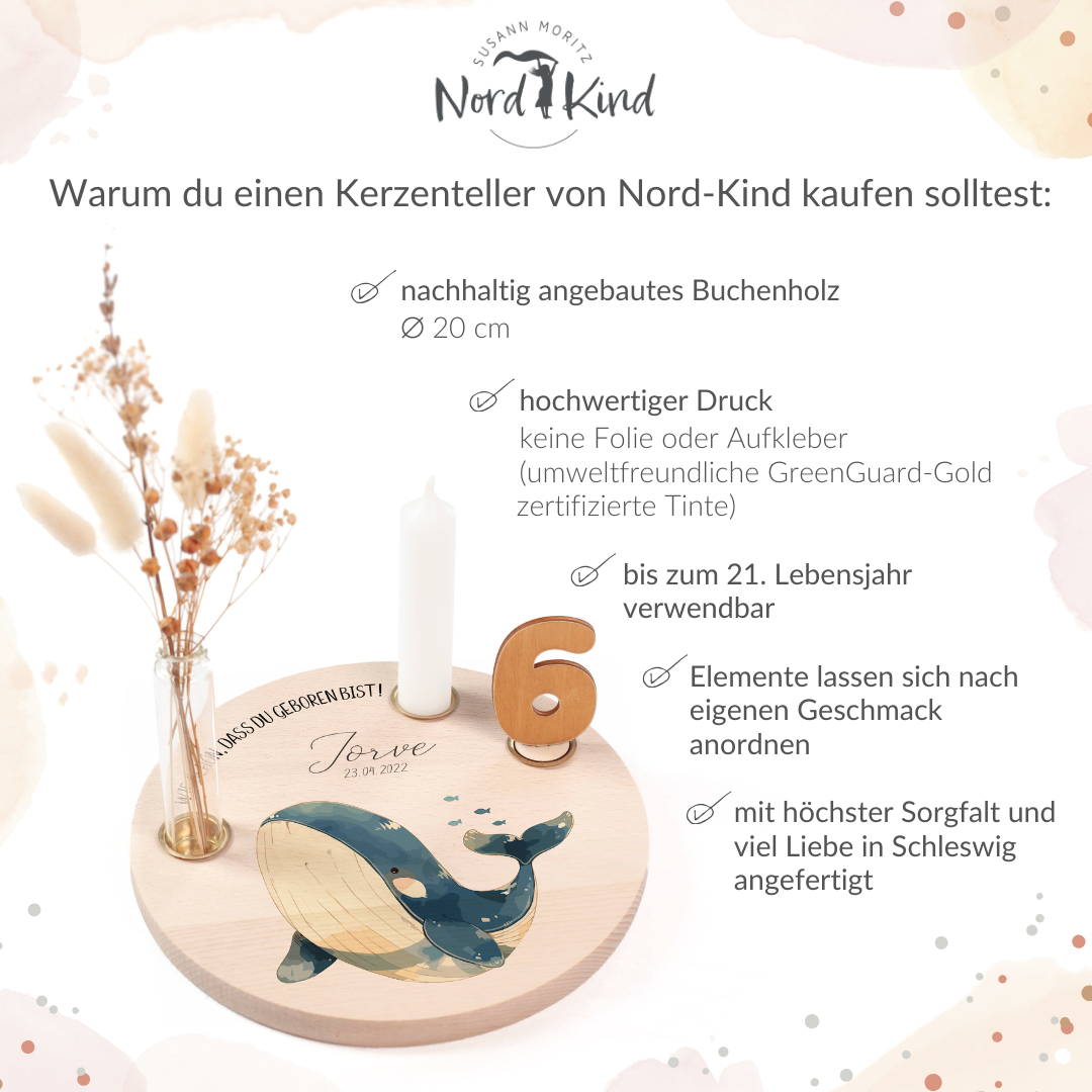 personalisierter Kerzenteller mit Kerze, Vase und Zahlen (Wal 1)