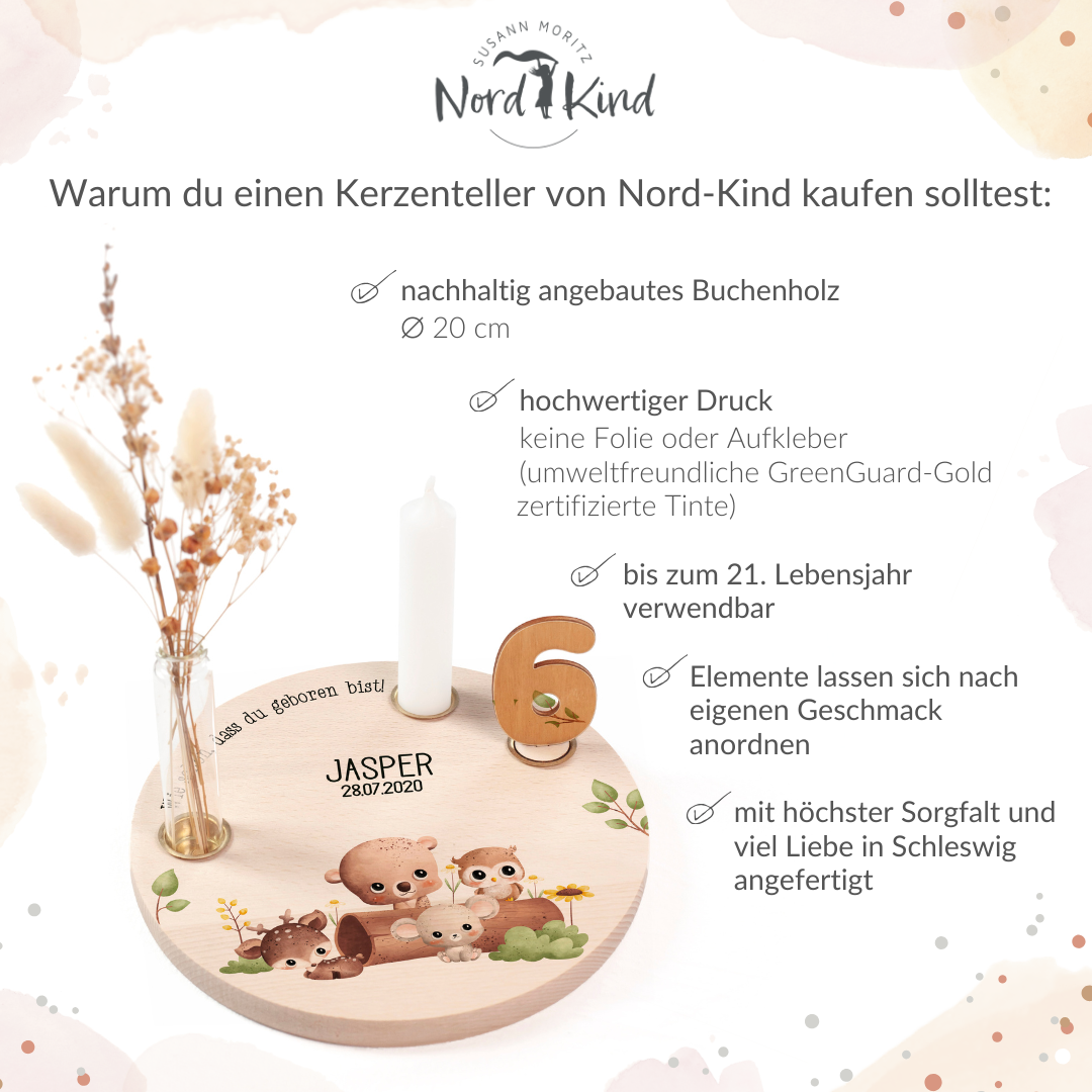 personalisierter Kerzenteller mit Kerze, Vase und Zahlen (Waldtiere 1)