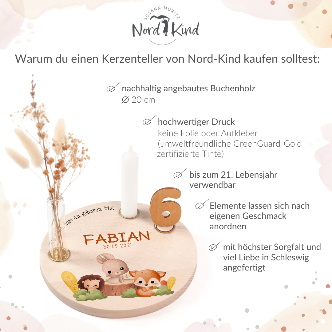 personalisierter Kerzenteller mit Kerze, Vase und Zahlen (Waldtiere 2)