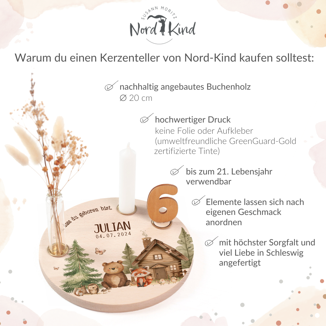 personalisierter Kerzenteller mit Kerze, Vase und Zahlen (Waldtiere 3)