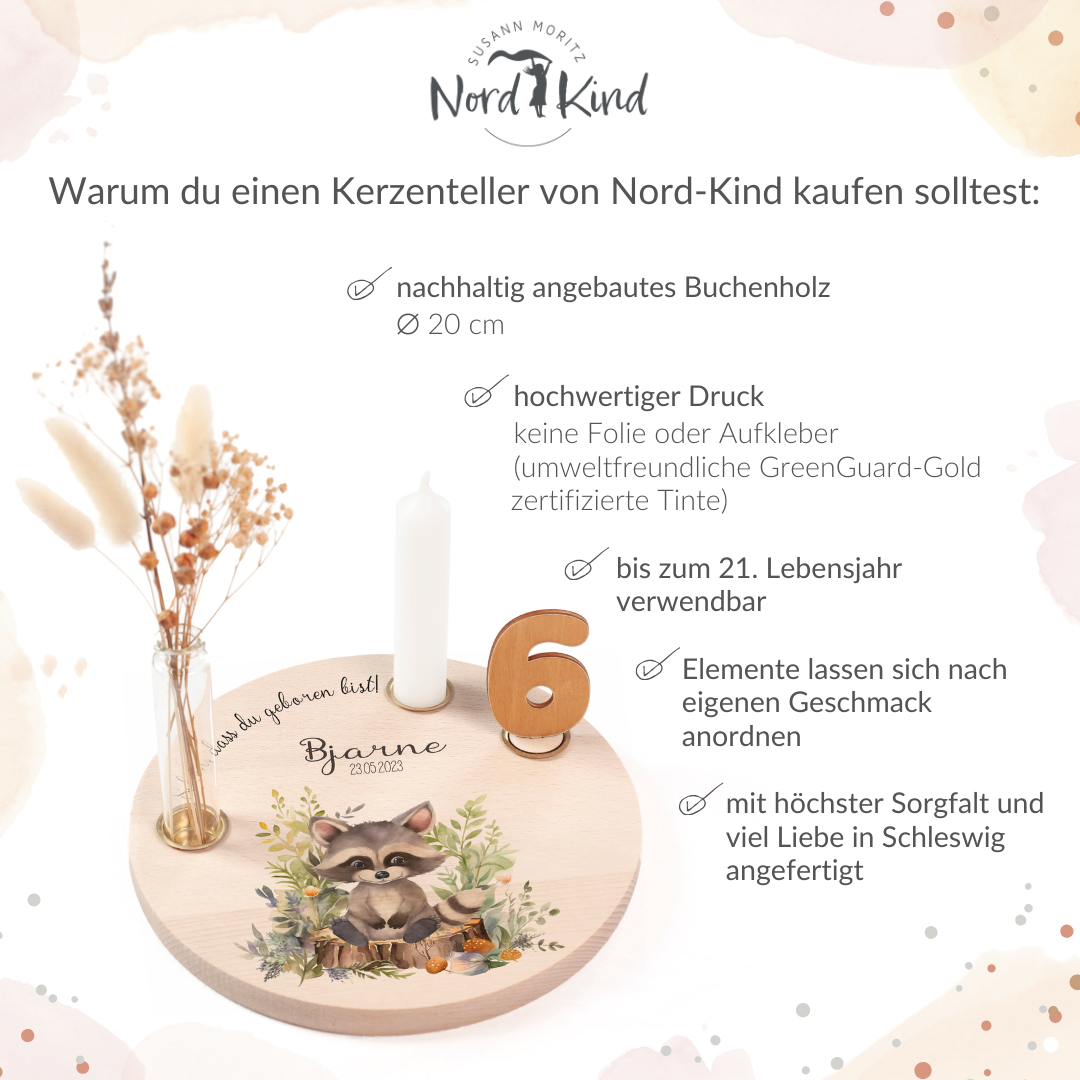 personalisierter Kerzenteller mit Kerze, Vase und Zahlen (Waschbär)