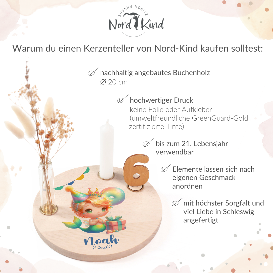 personalisierter Kerzenteller mit Kerze, Vase und Zahlen (Wassermann 1)