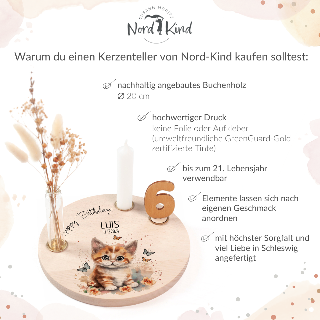 Infografik mit Produktmerkmalen: personalisierter Kerzenteller mit Kerze, Vase und Zahlen (Katze)