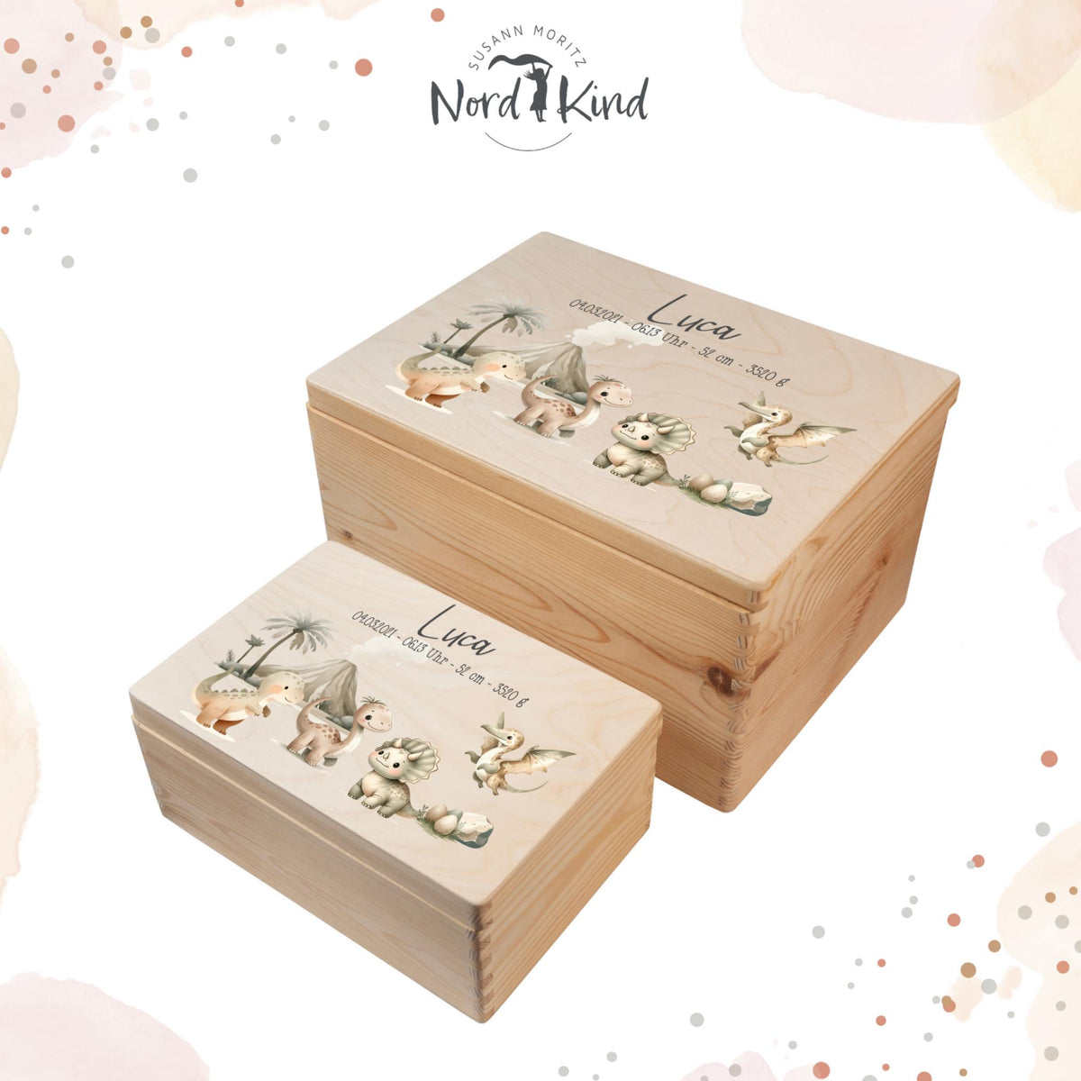 Personalisierte Erinnerungsbox aus Holz, Motiv Dinowelt 1