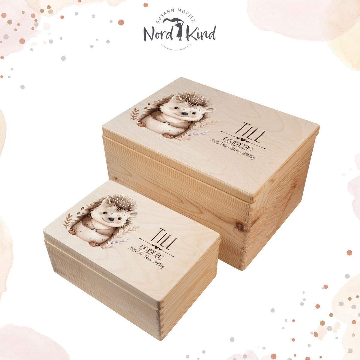 Personalisierte Erinnerungsbox aus Holz, Motiv Igel 1