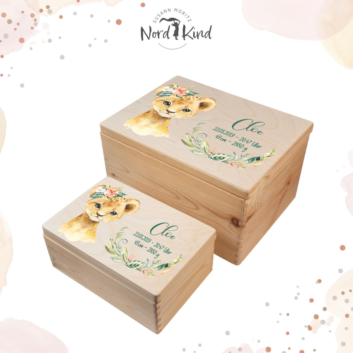 Personalisierte Erinnerungsbox Baby aus Holz, Motiv Löwe 2