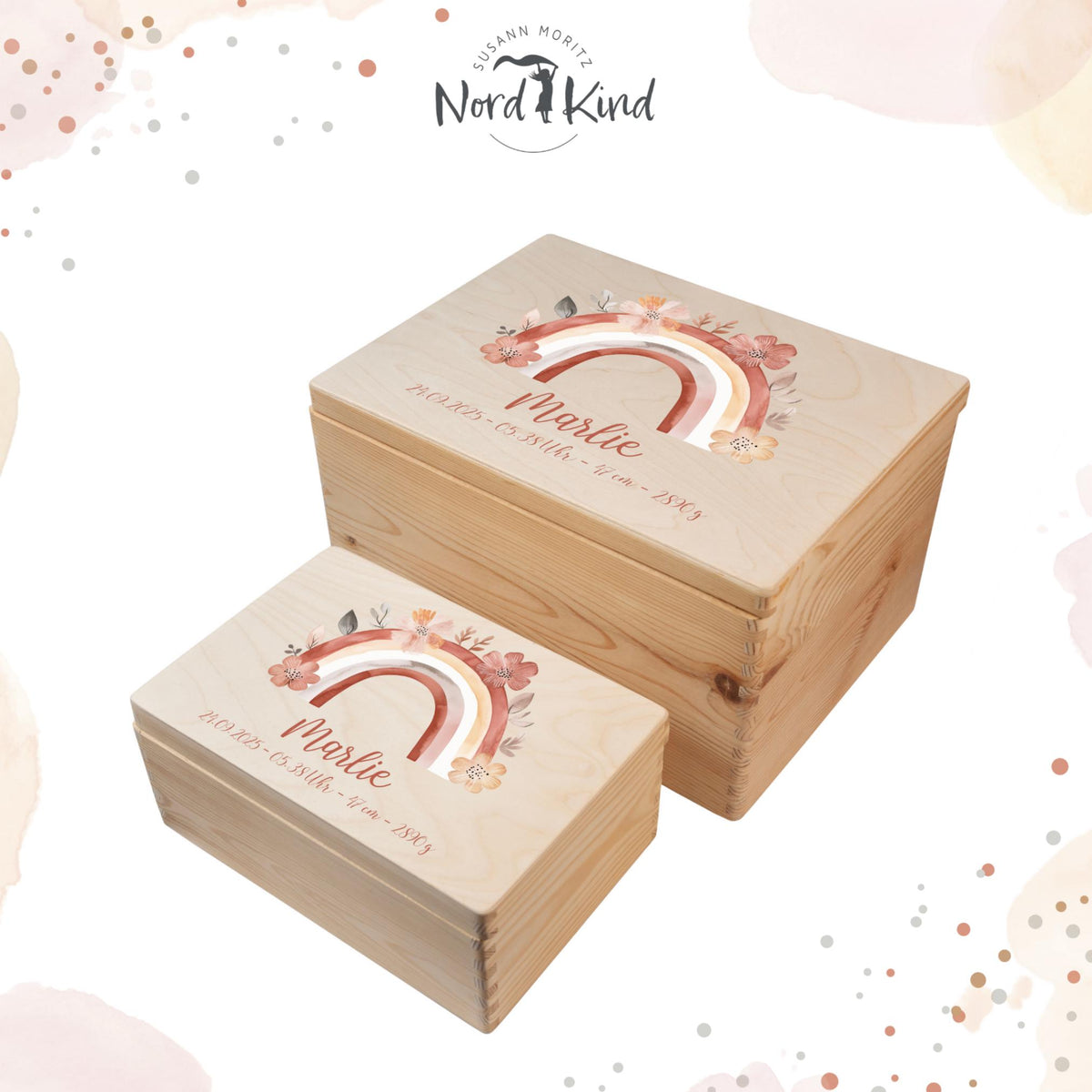 Personalisierte Erinnerungsbox Baby aus Holz, Motiv Regenbogen 1
