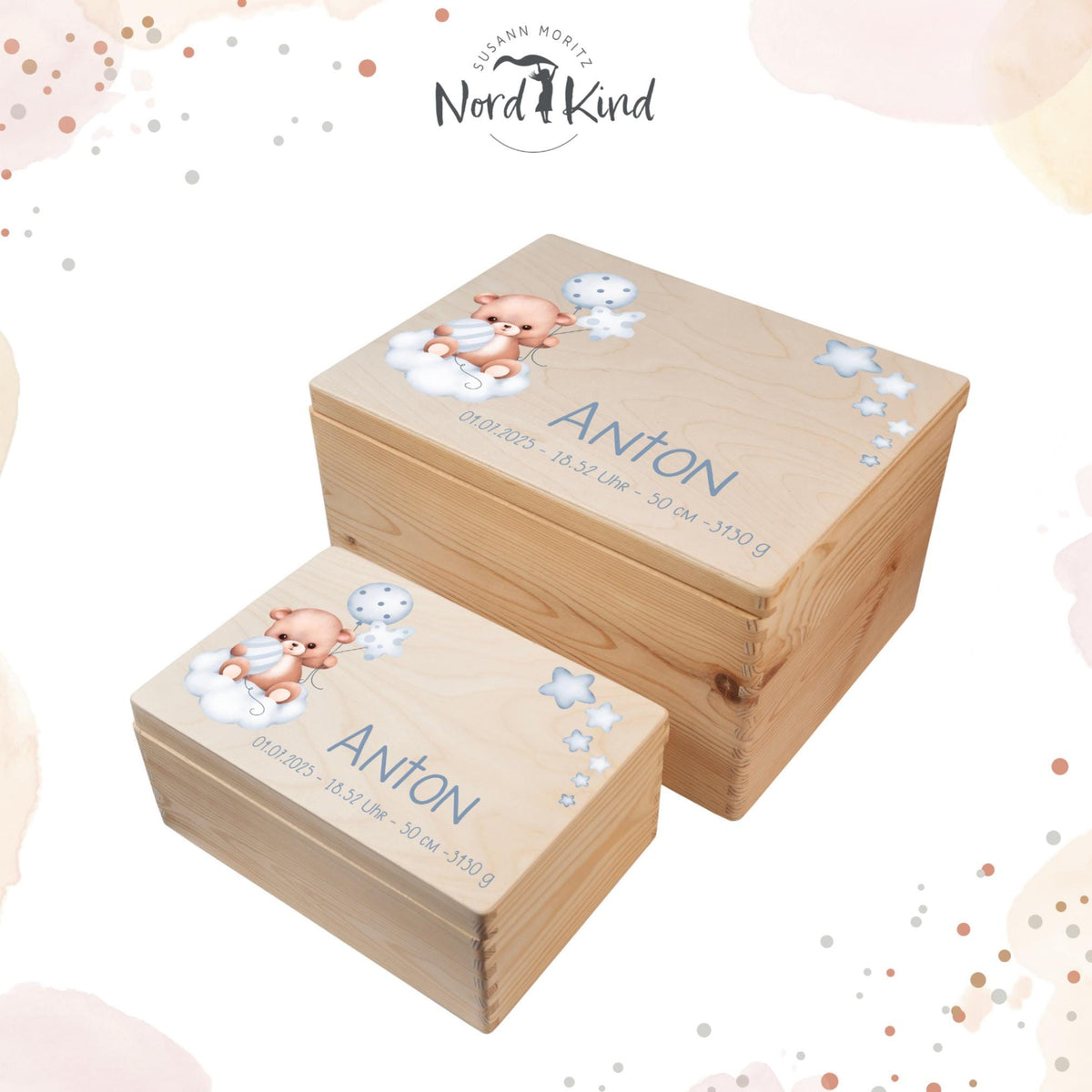 Personalisierte Erinnerungsbox Baby aus Holz, Motiv Teddy 1
