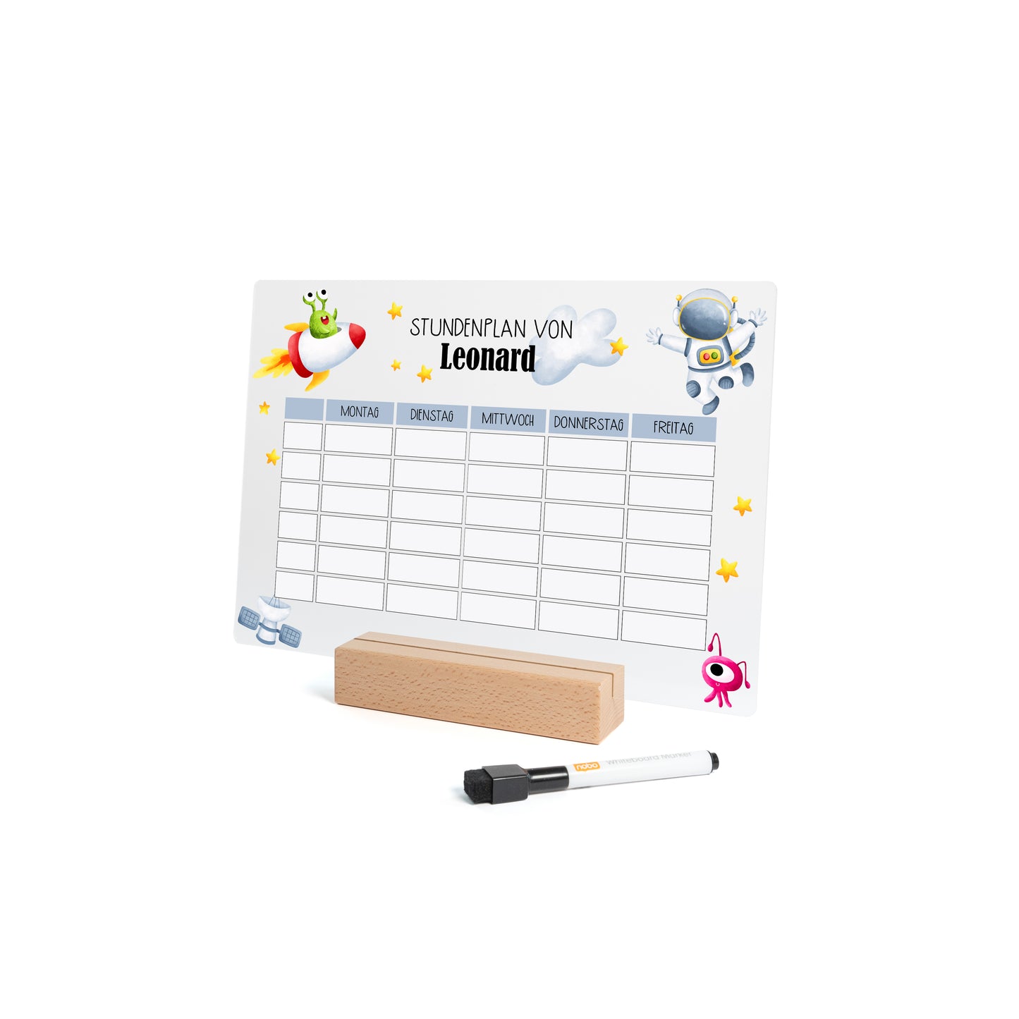 Acryl‑Stundenplan Astronaut Astronomie Design, personalisierbar mit Name, abwischbar mit Holzsockel und Whiteboard‑Stift