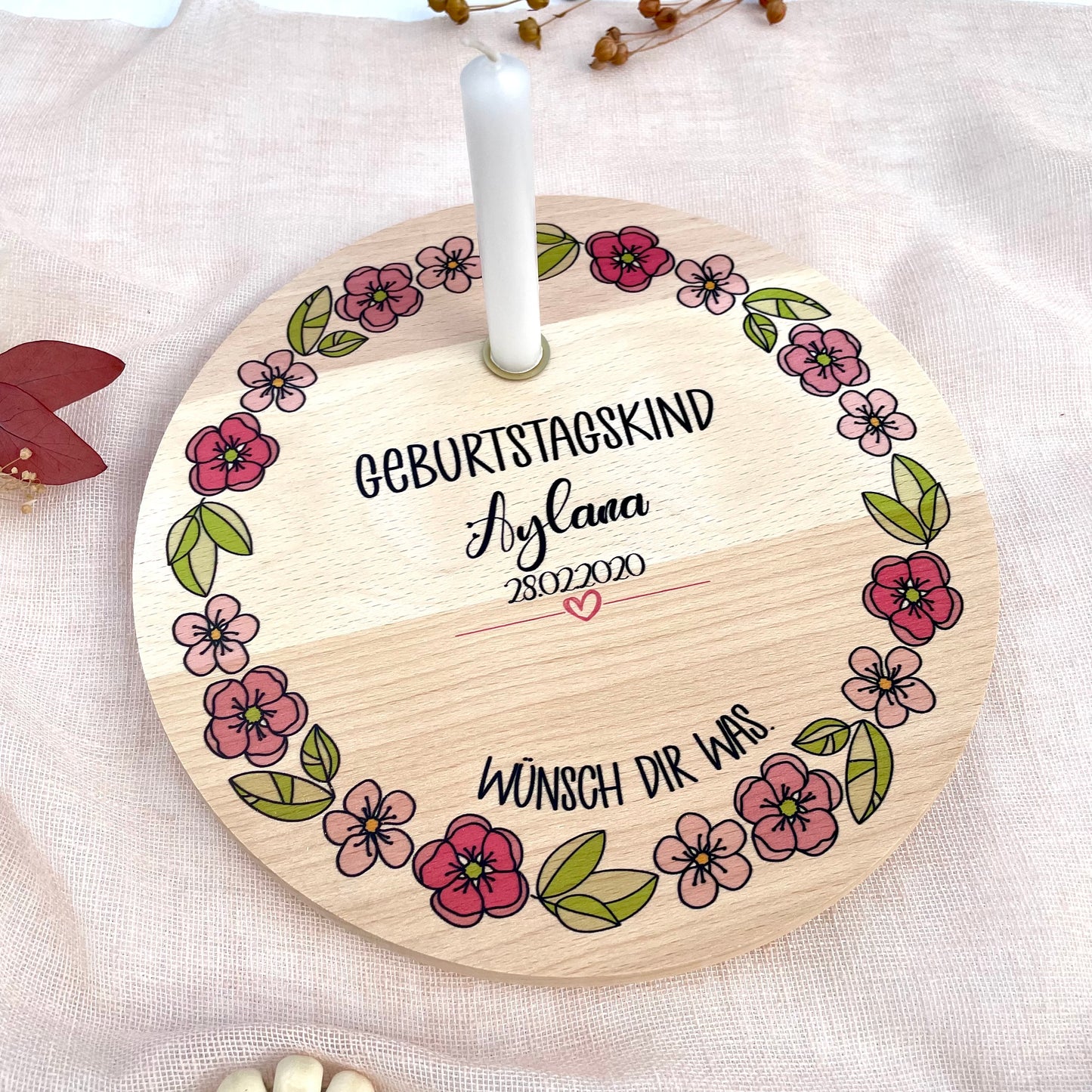 Kerzenteller Blumenkranz mit Spruch Wünsch dir was. personalisierbar mit Namen