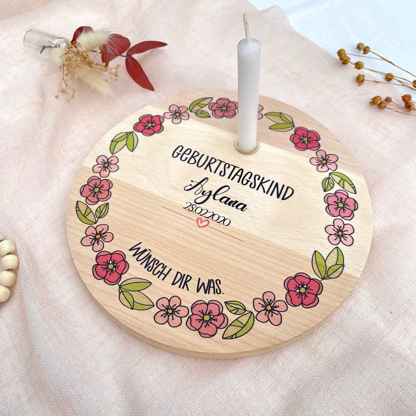 Kerzenteller Blumenkranz mit Spruch Wünsch dir was. personalisierbar mit Namen