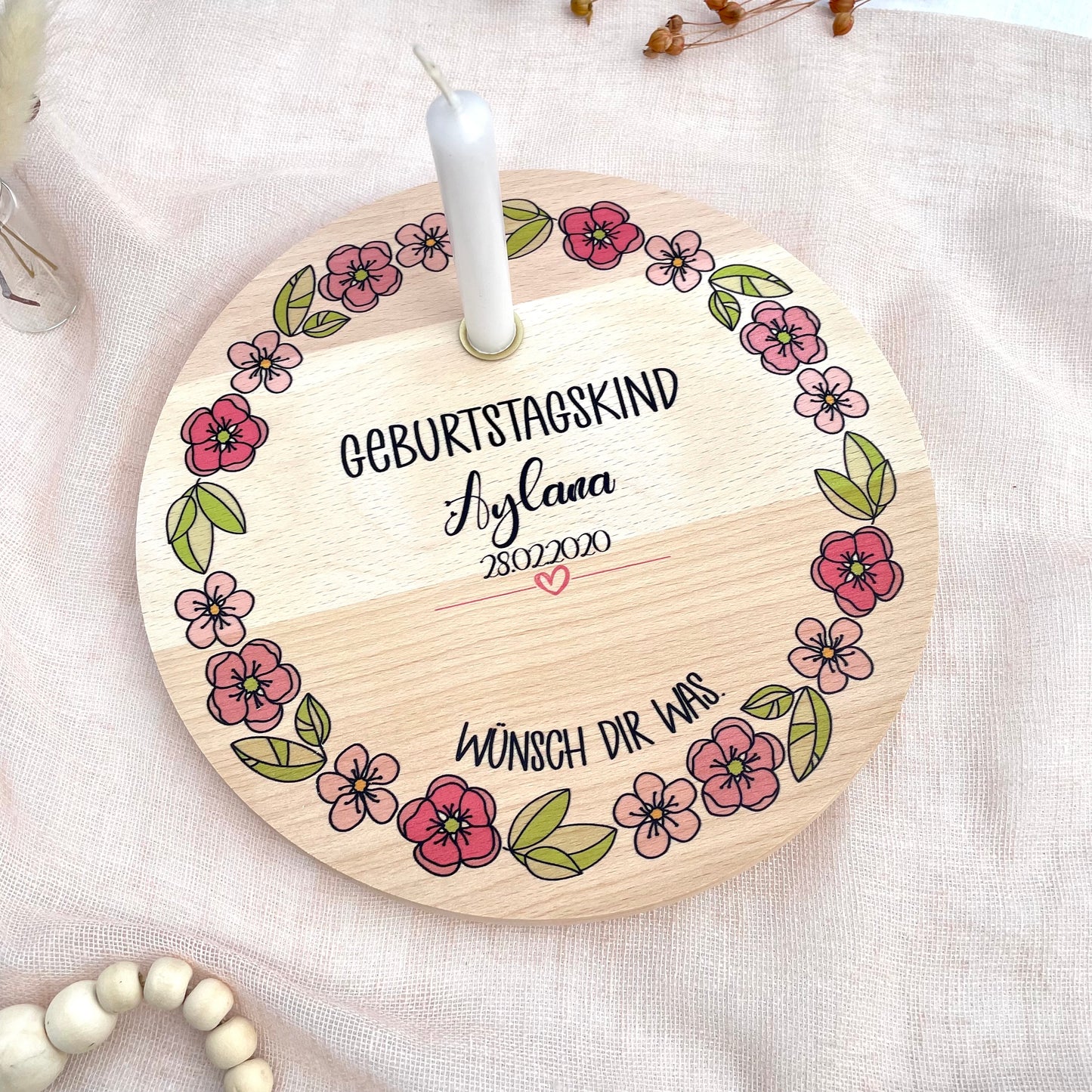 Kerzenteller Blumenkranz mit Spruch Wünsch dir was. personalisierbar mit Namen