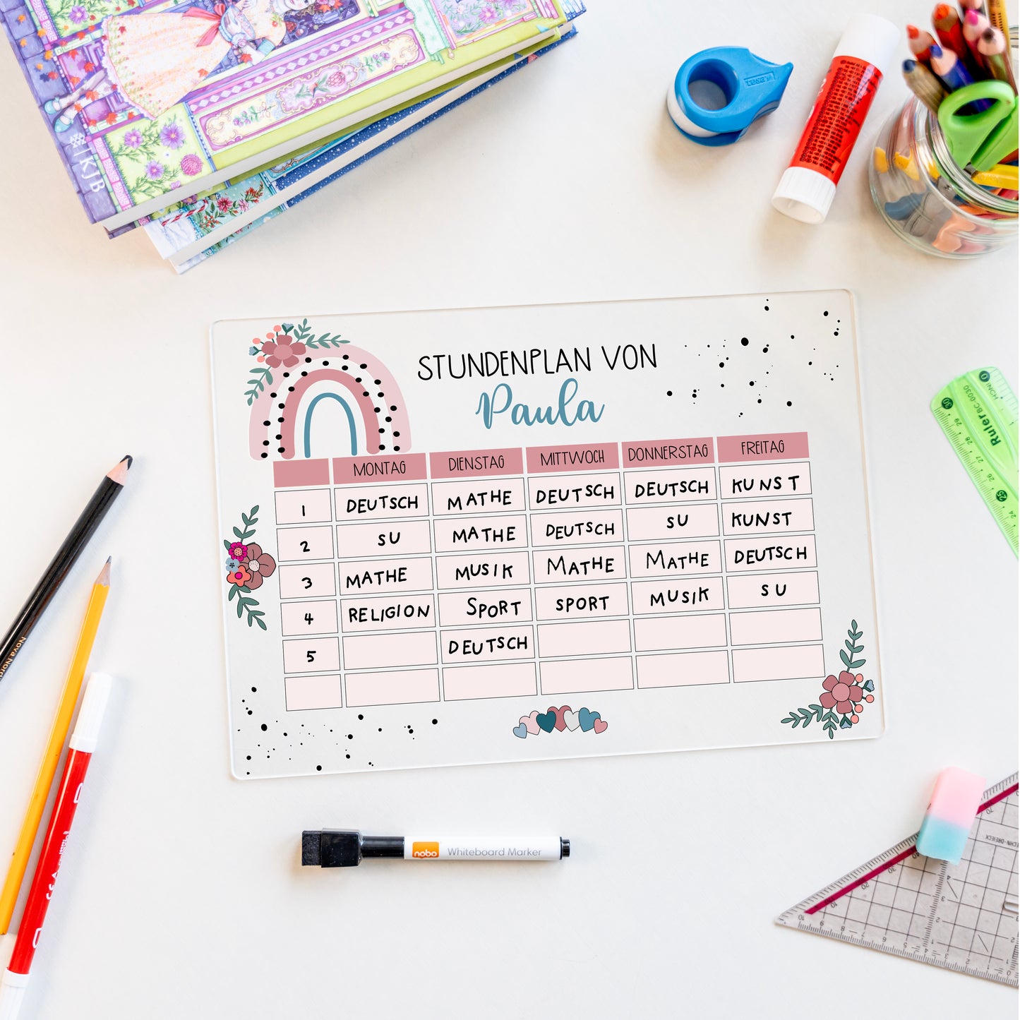 Stundenplan aus Acryl – personalisiert mit Namen (Regenbogen 1)