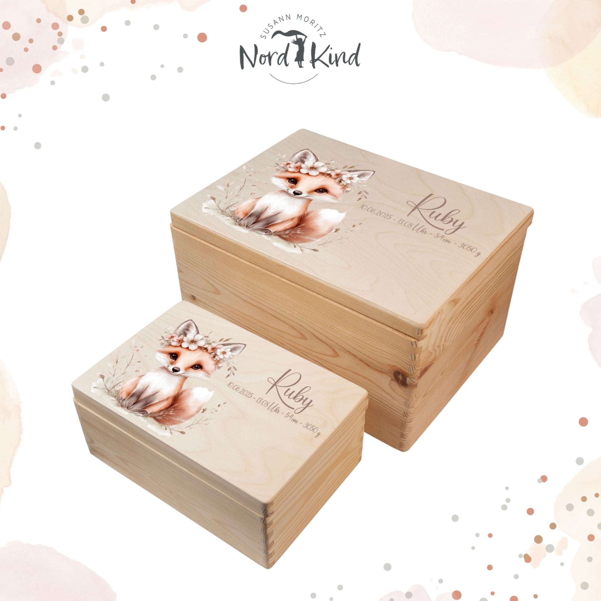 Personalisierte Erinnerungsbox Baby aus Holz mit Fuchsmotiv geschlossen