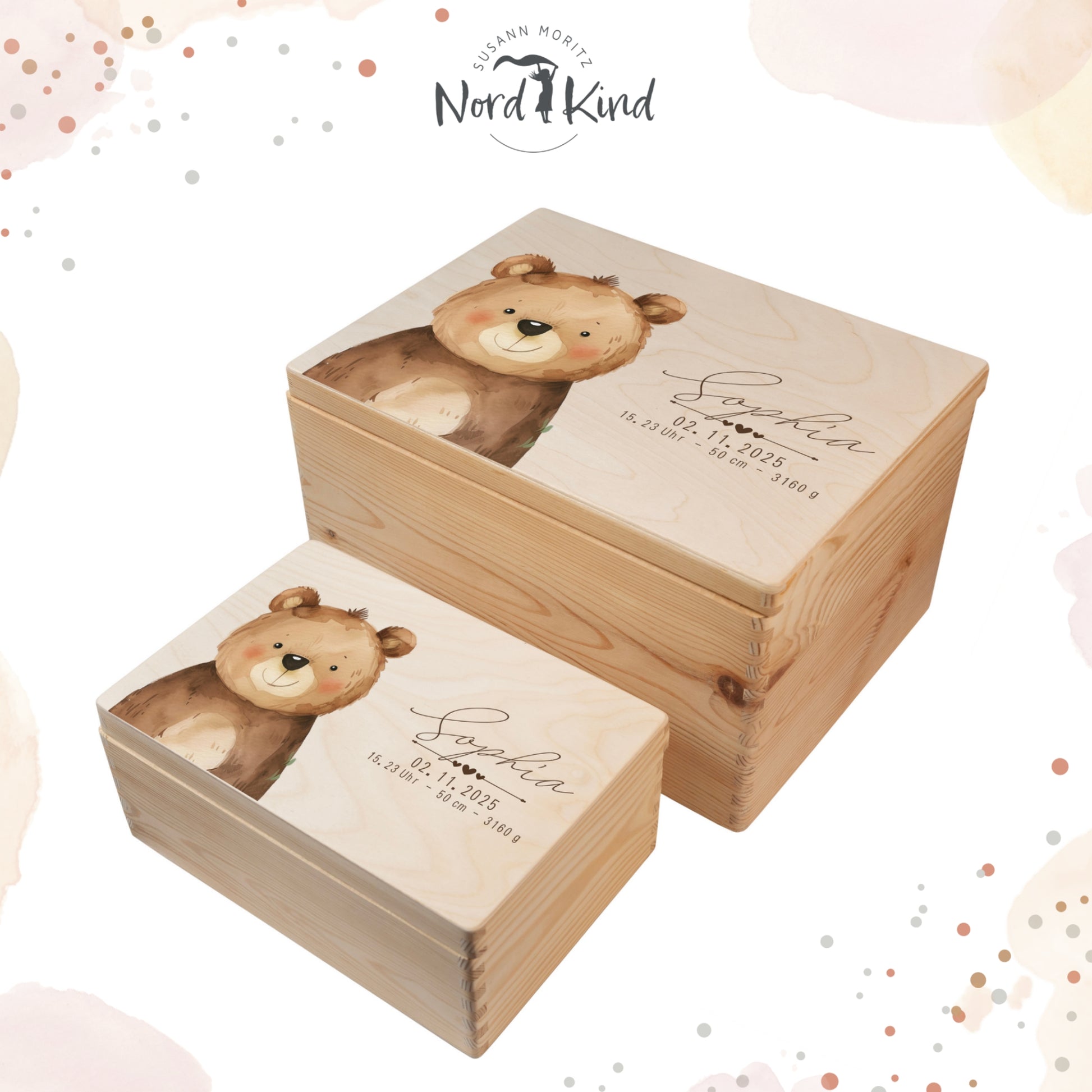 Personalisierte Erinnerungsbox Baby aus Holz mit Bärenmotiv geschlossen