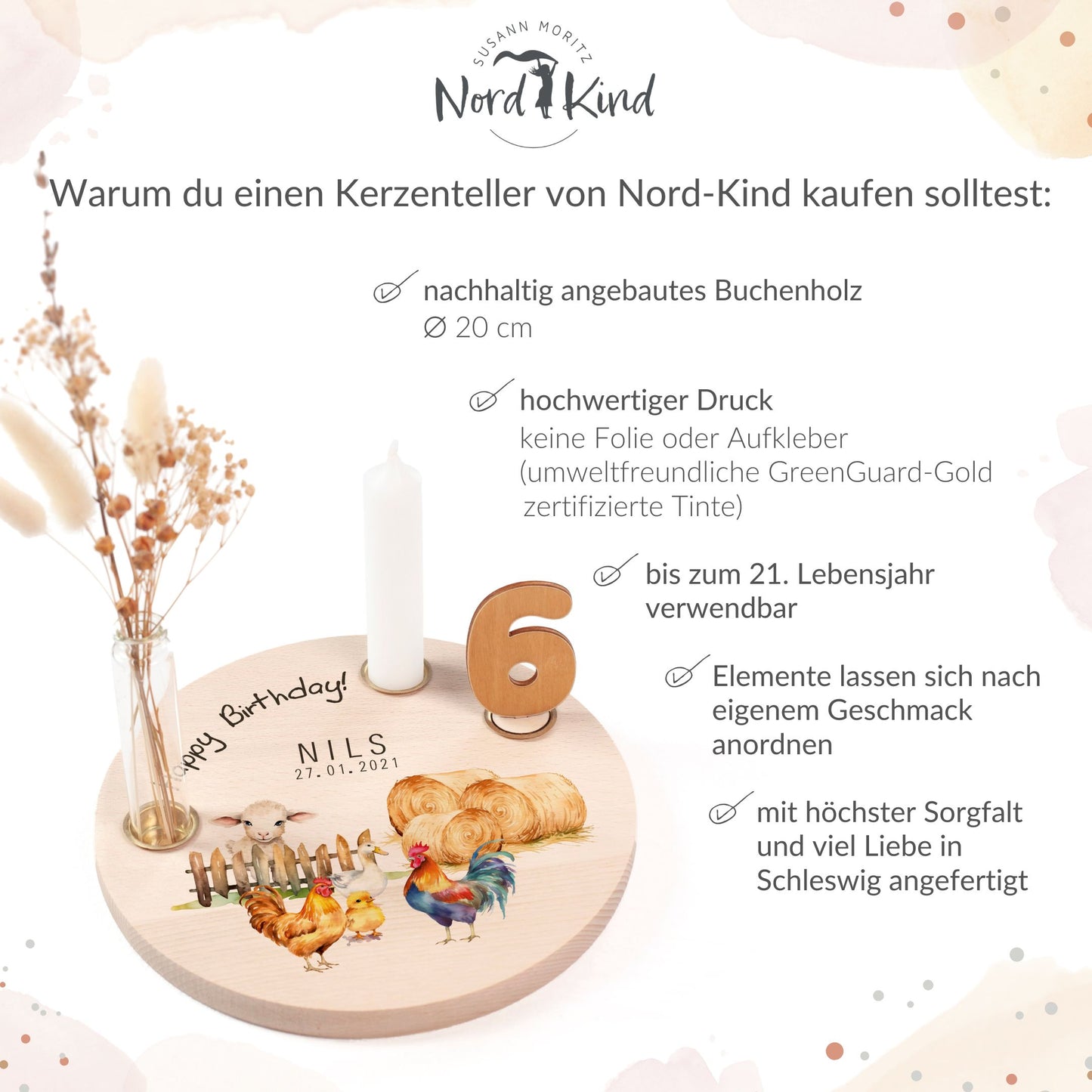 personalisierter Kerzenteller mit Kerze, Vase und Zahlen (Bauernhof)