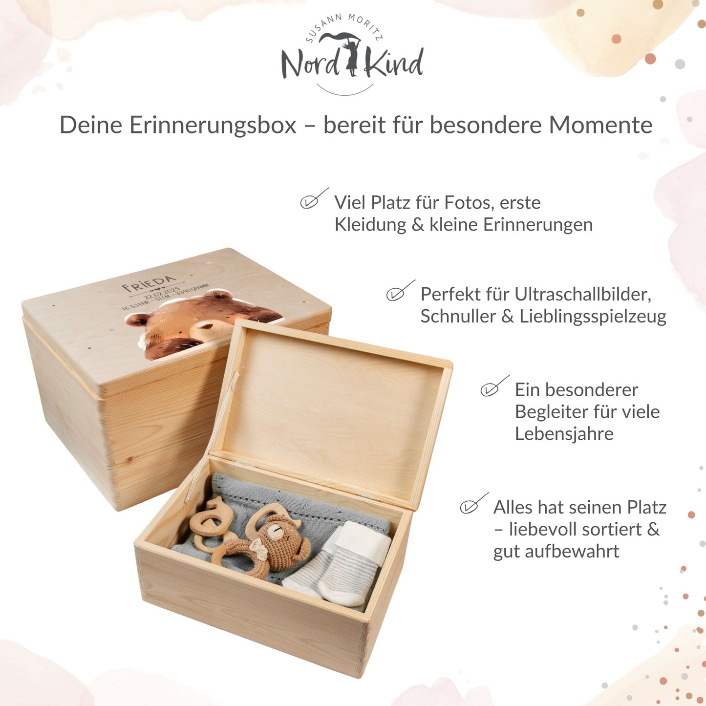 Personalisierte Erinnerungsbox Baby aus Holz für Fotos Kleidung und Erinnerungen