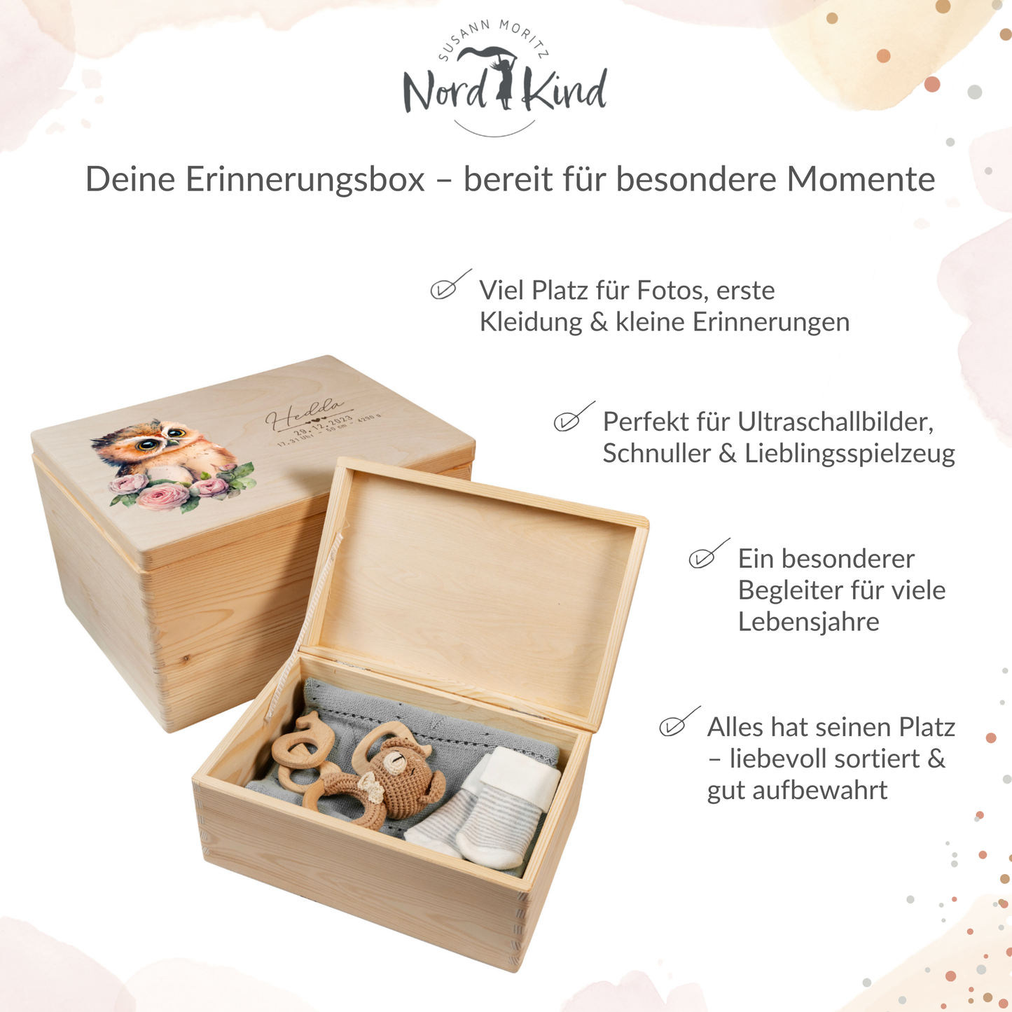 Personalisierte Erinnerungsbox Baby aus Holz für Fotos Kleidung und Erinnerungen