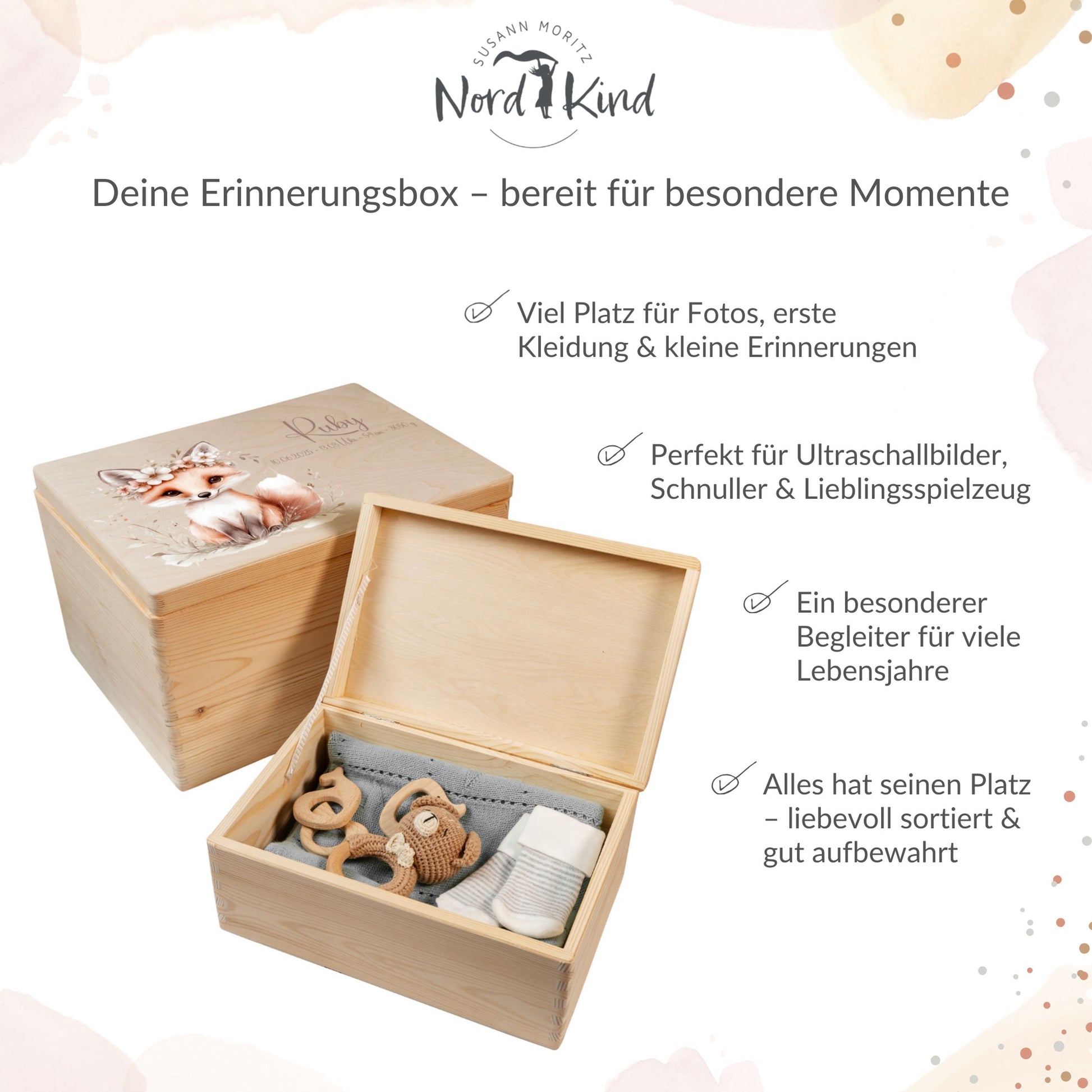 Personalisierte Erinnerungsbox Baby aus Holz für Fotos Kleidung und Erinnerungen