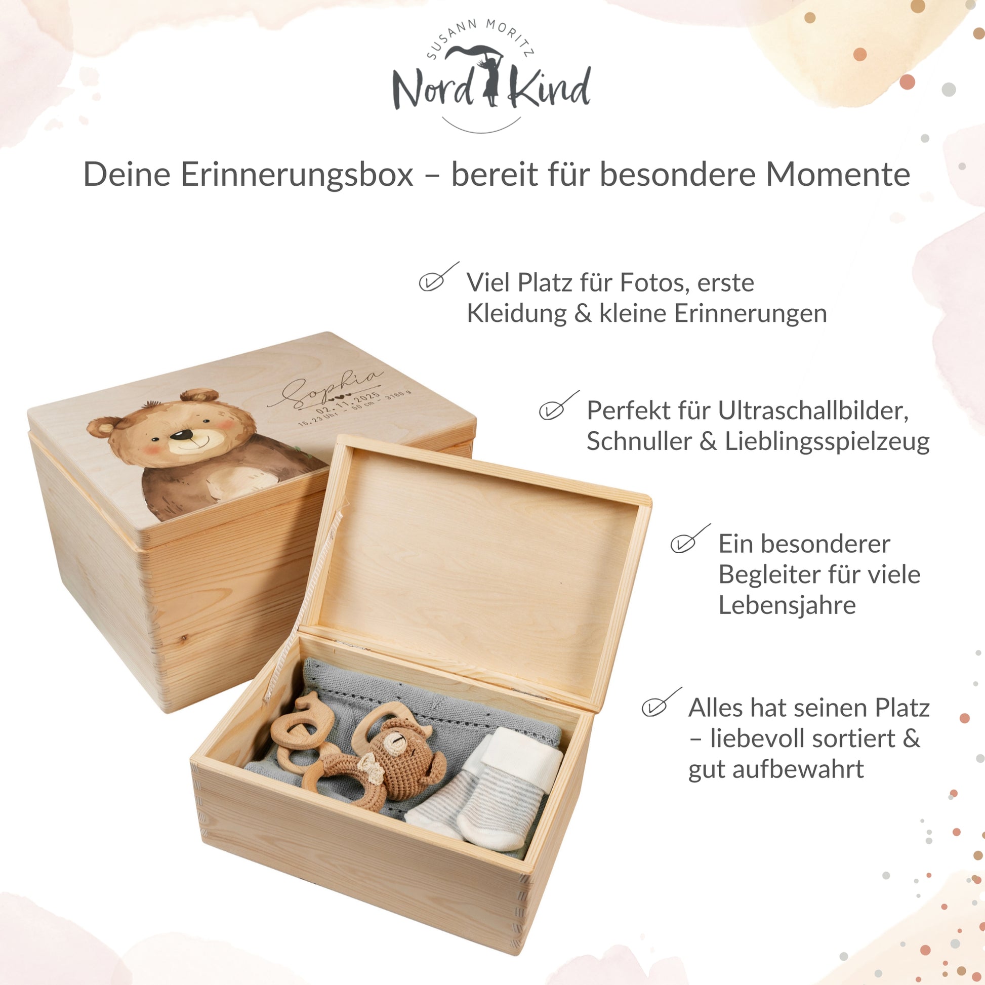 Personalisierte Erinnerungsbox Baby aus Holz für Fotos Kleidung und Erinnerungen