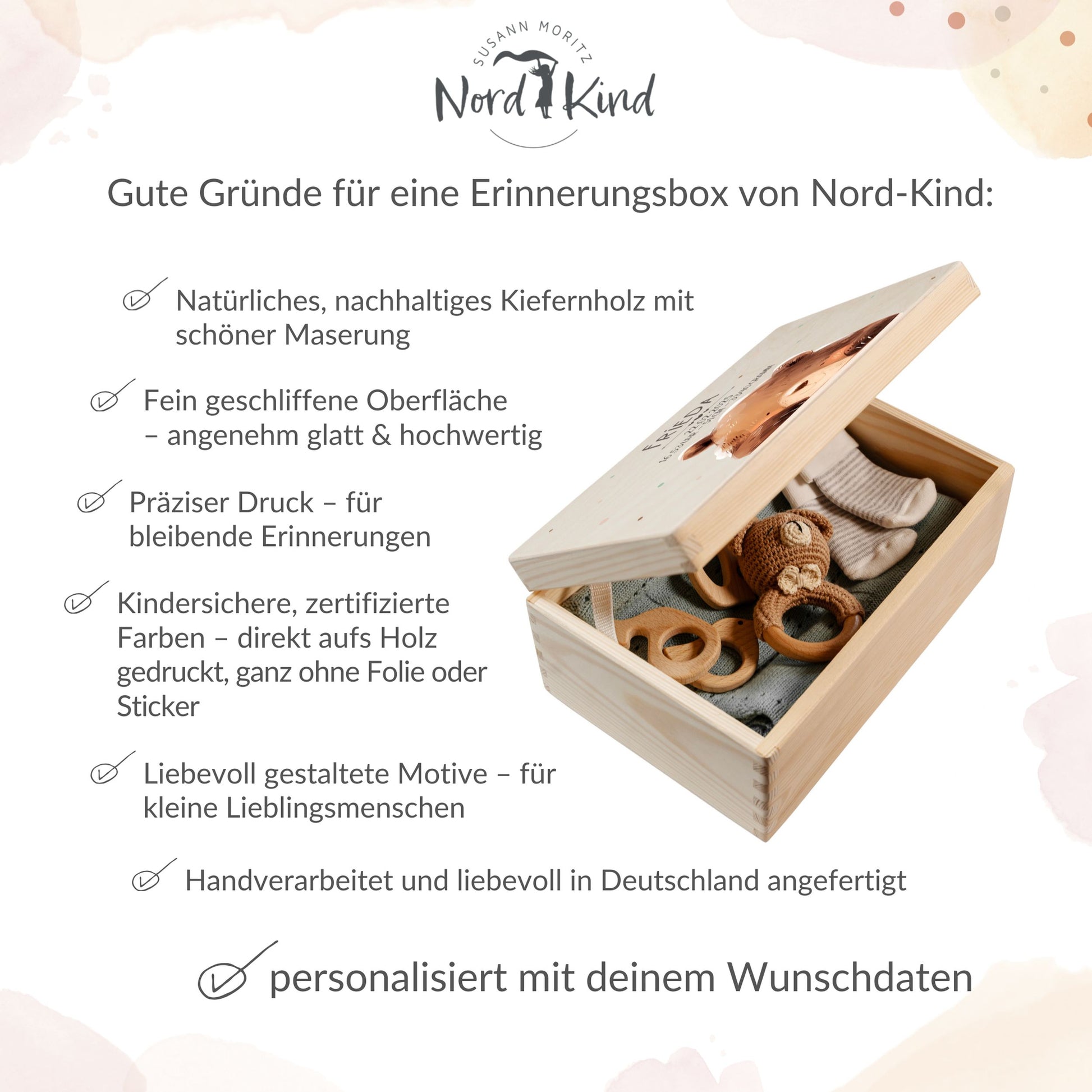 Personalisierte Erinnerungsbox aus Holz mit hochwertiger Verarbeitung und Druck