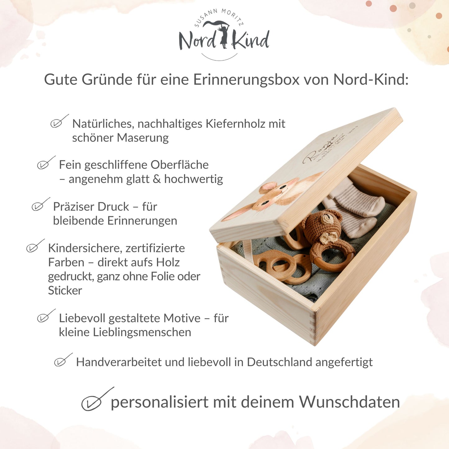 Personalisierte Erinnerungsbox aus Holz mit hochwertiger Verarbeitung und Druck