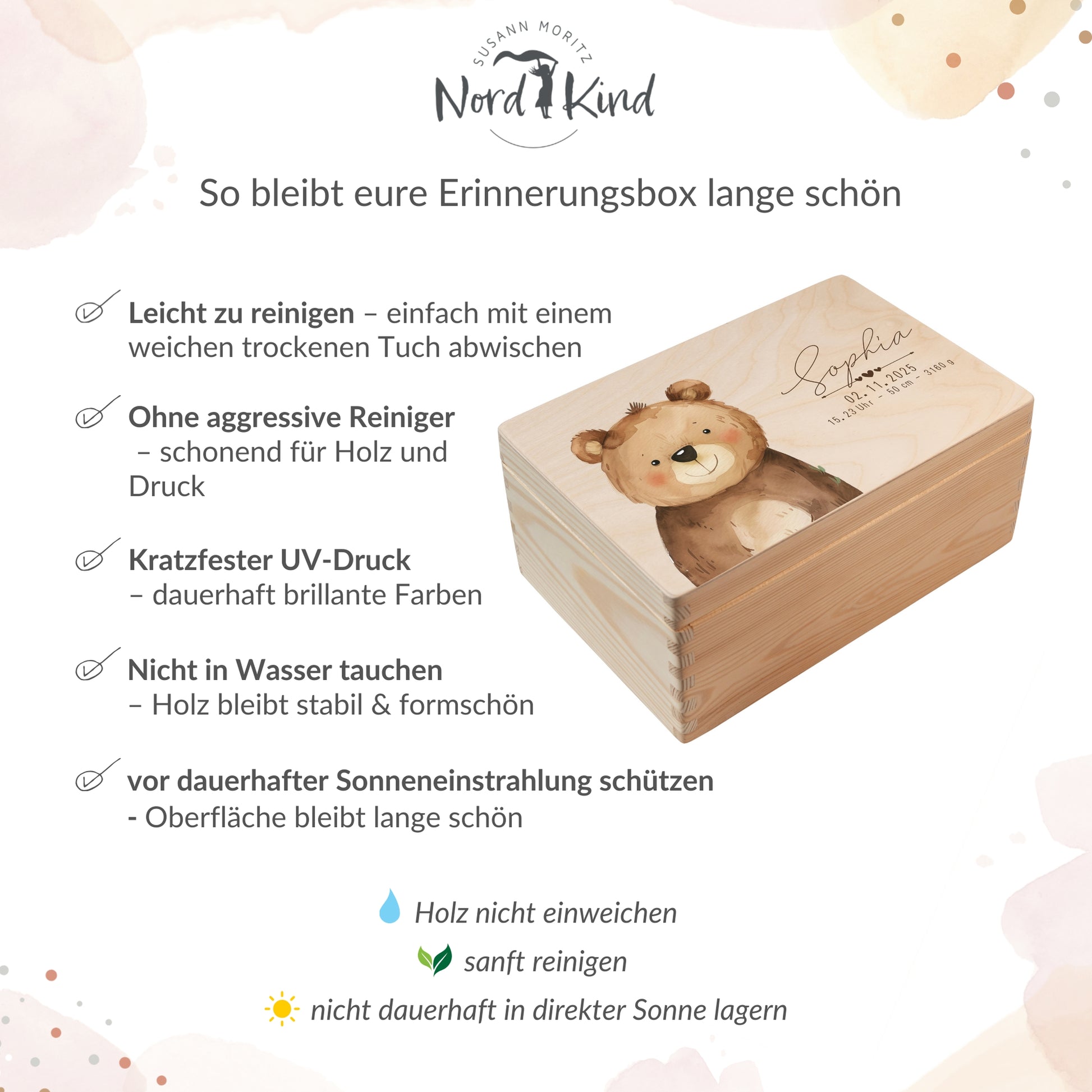 Pflegehinweise für personalisierte Erinnerungsbox aus Holz