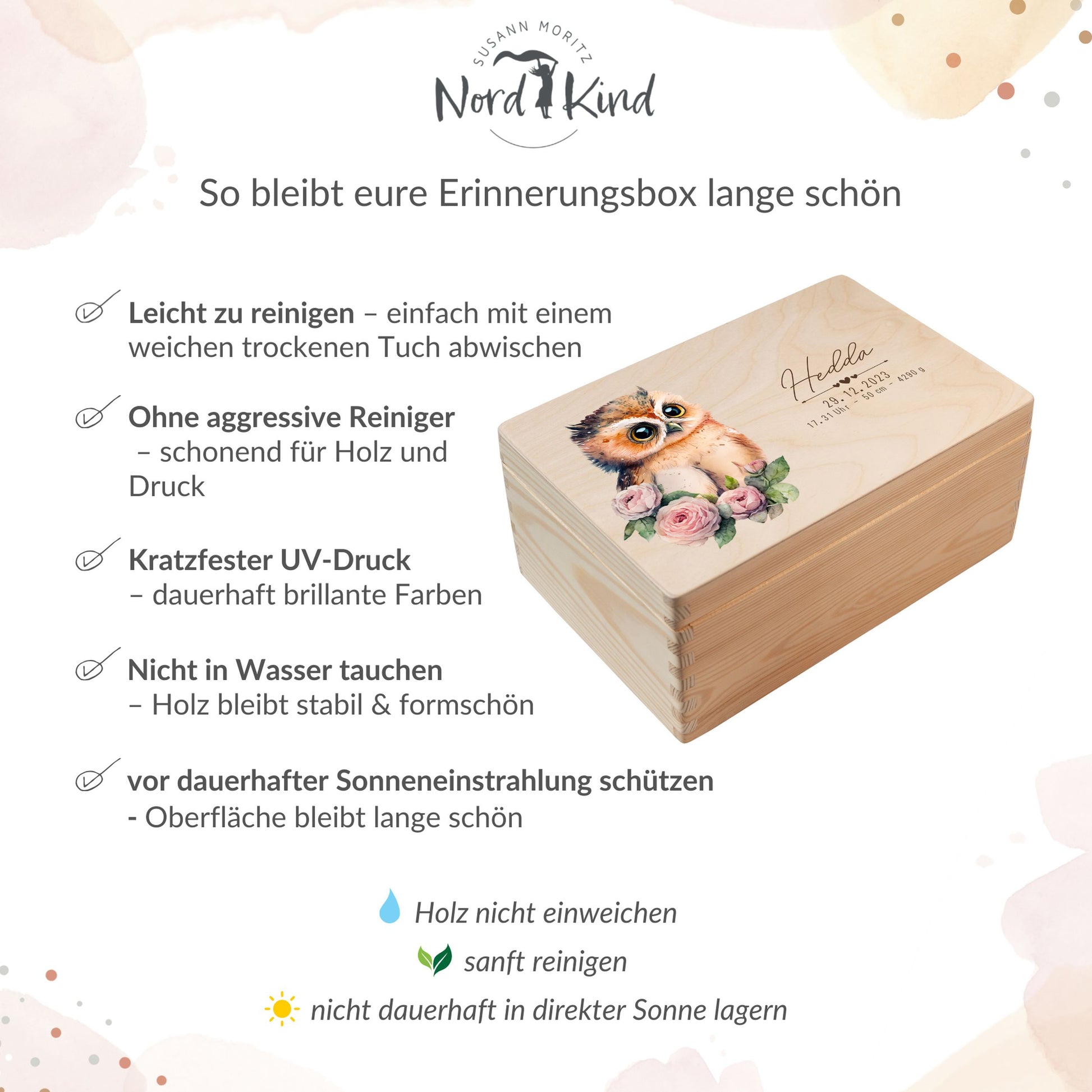 Pflegehinweise für personalisierte Erinnerungsbox aus Holz