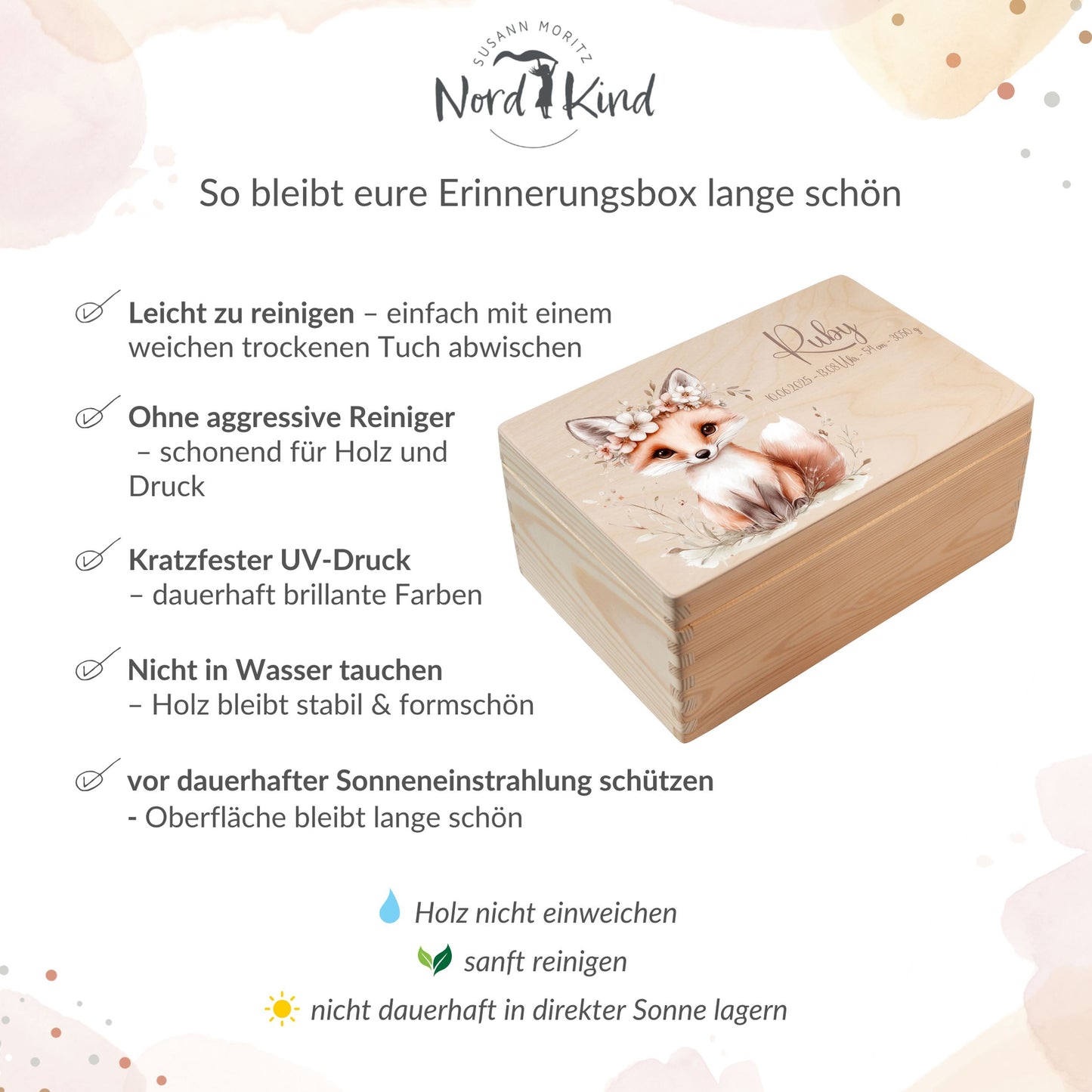 Pflegehinweise für personalisierte Erinnerungsbox aus Holz