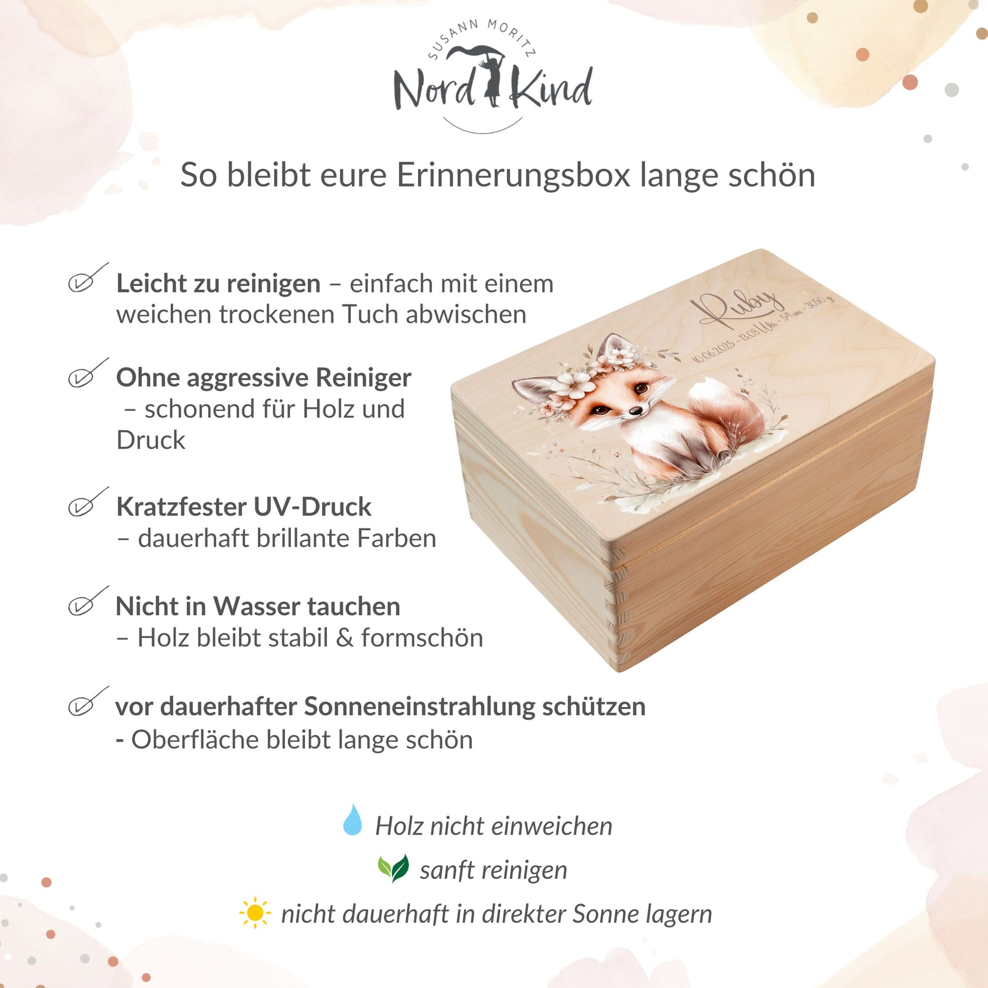 Pflegehinweise für personalisierte Erinnerungsbox aus Holz