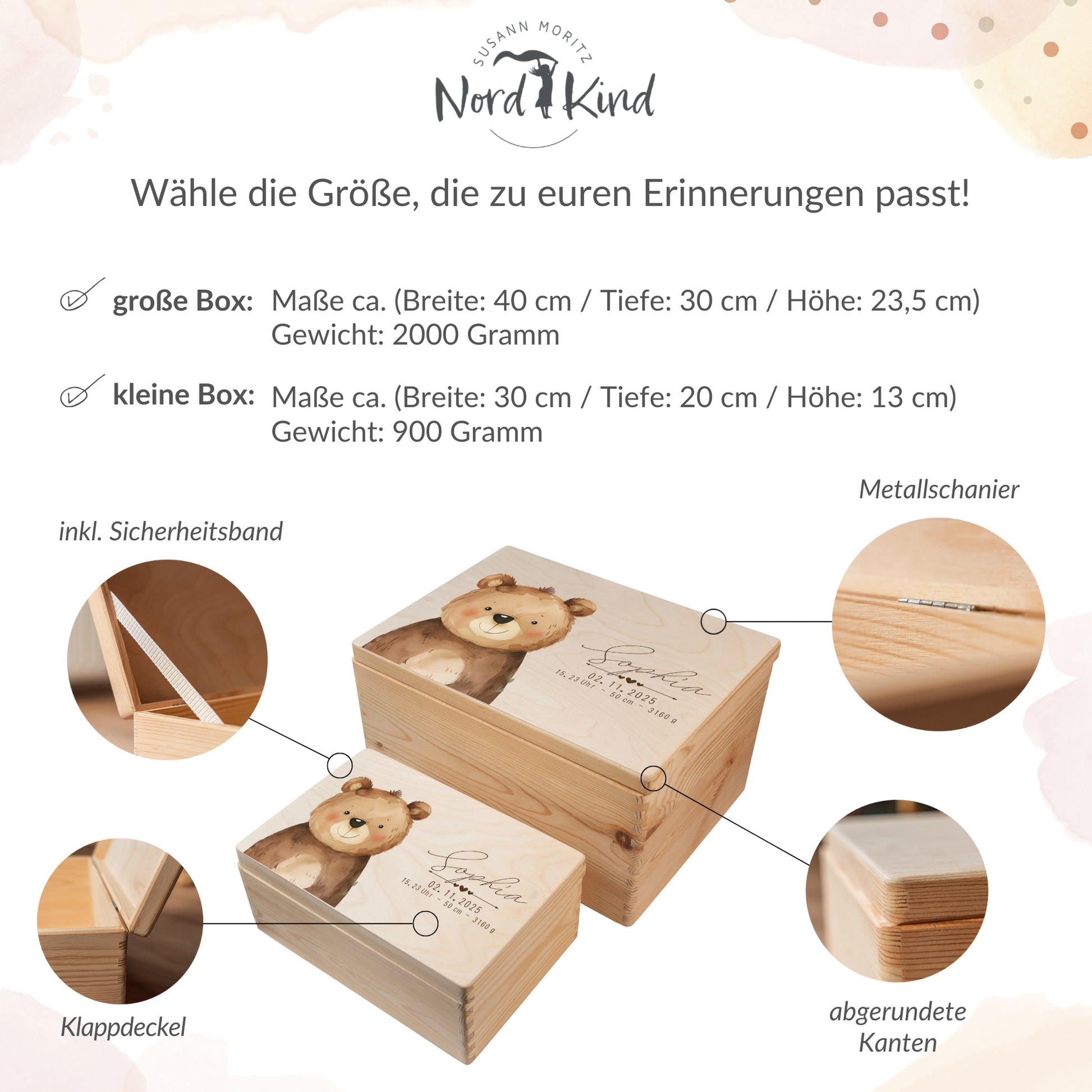 Größenübersicht der personalisierten Erinnerungsbox Baby aus Holz