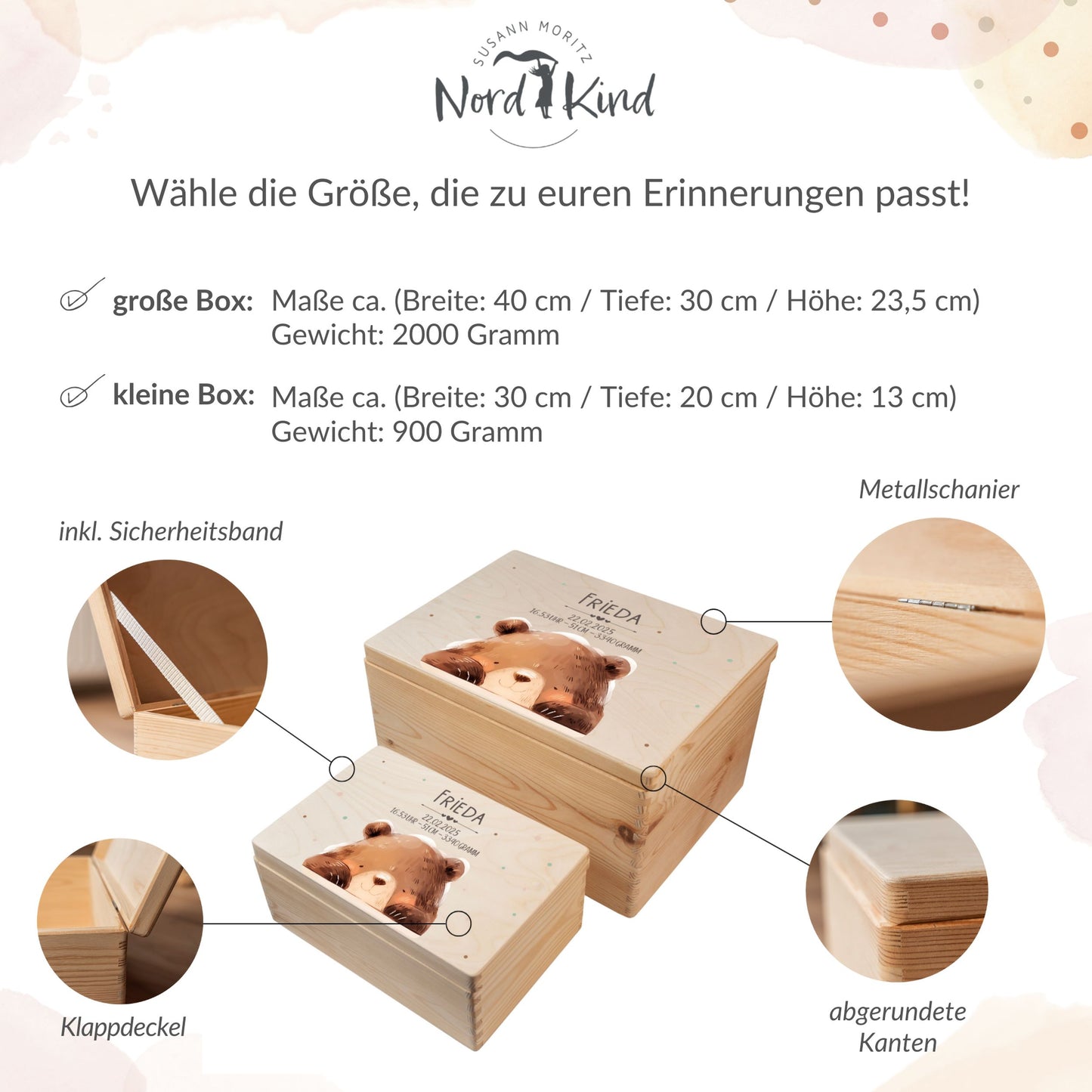 Größenübersicht der personalisierten Erinnerungsbox Baby aus Holz