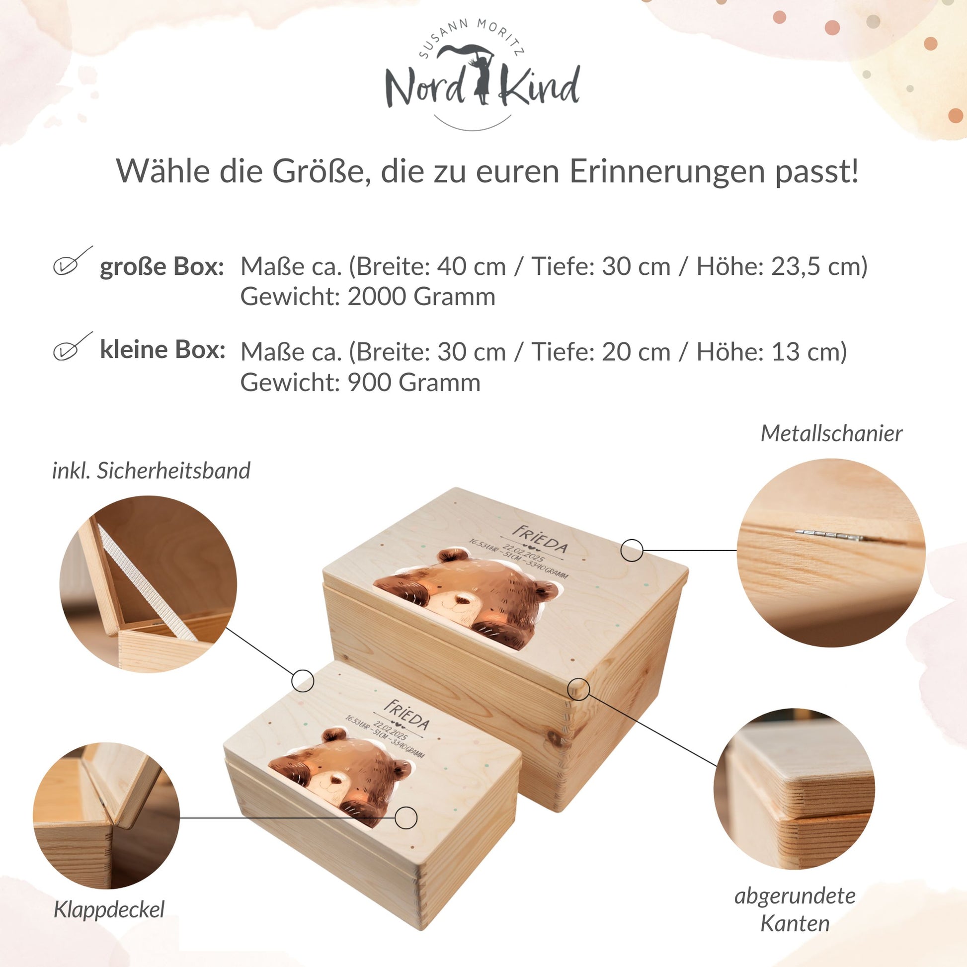 Größenübersicht der personalisierten Erinnerungsbox Baby aus Holz