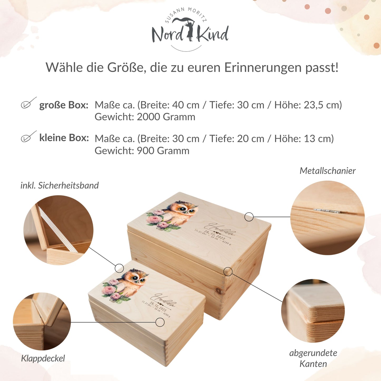 Größenübersicht der personalisierten Erinnerungsbox Baby aus Holz