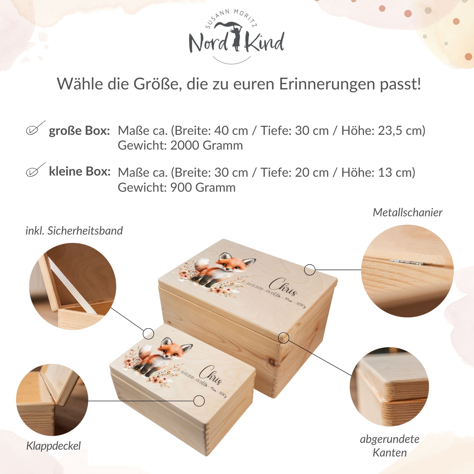 Größenübersicht der personalisierten Erinnerungsbox Baby aus Holz