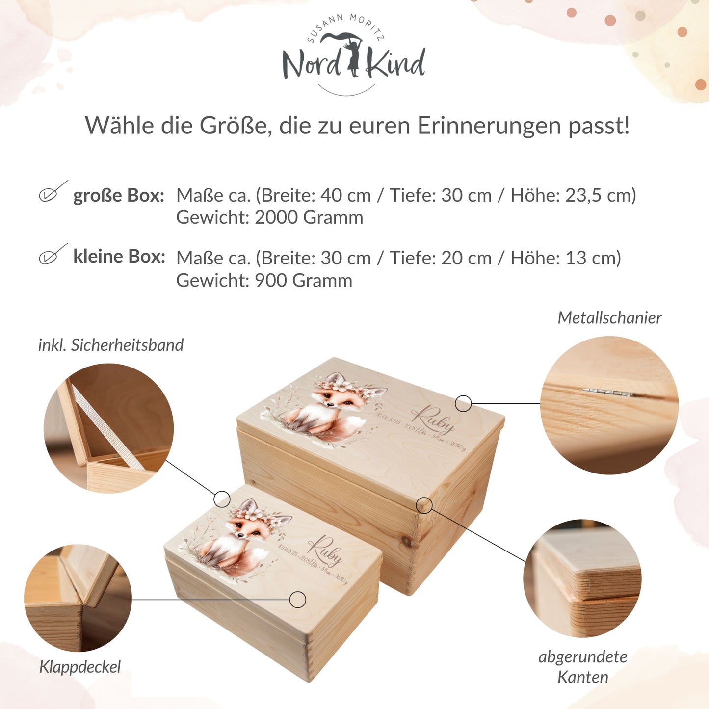 Größenübersicht der personalisierten Erinnerungsbox Baby aus Holz