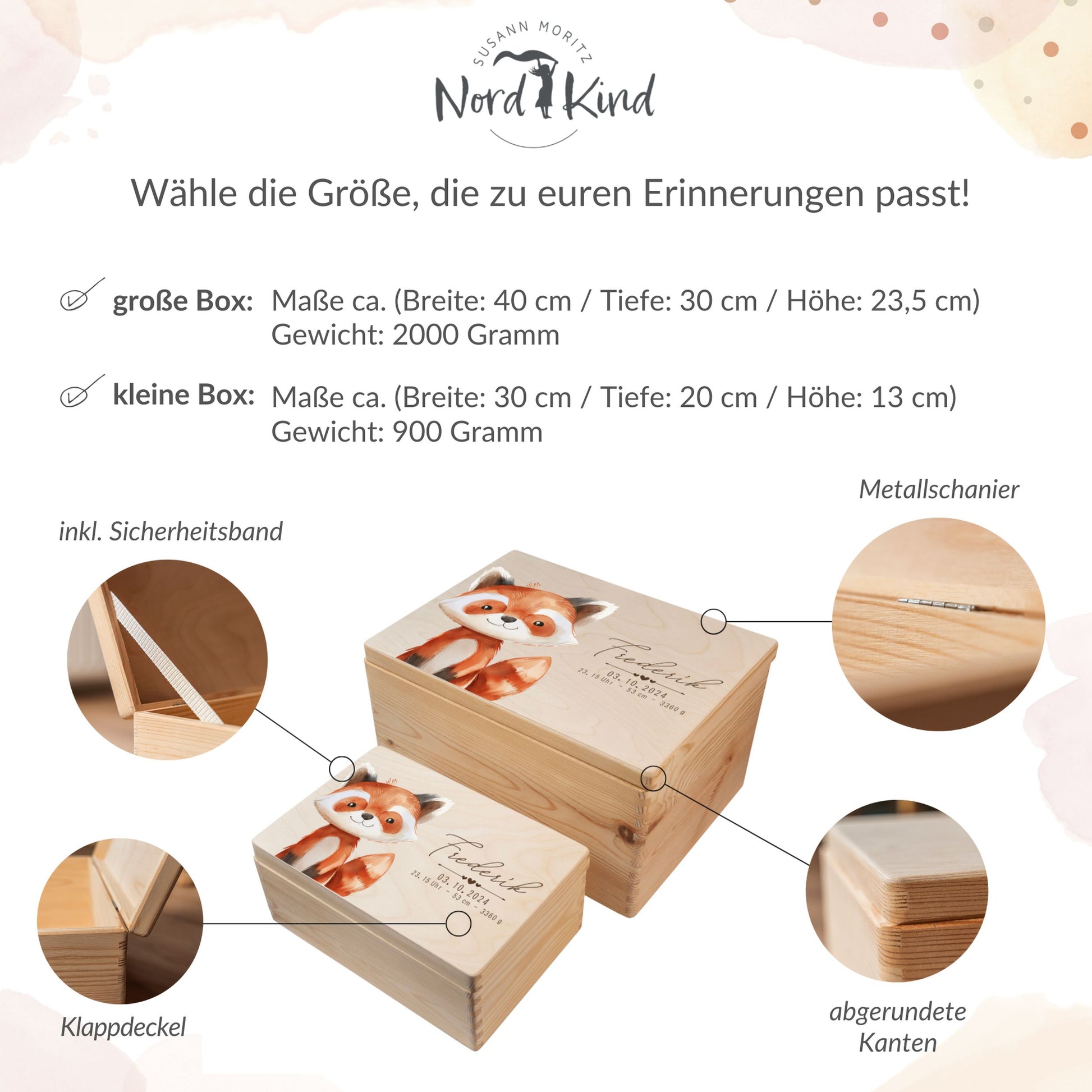 Größenübersicht der personalisierten Erinnerungsbox Baby aus Holz